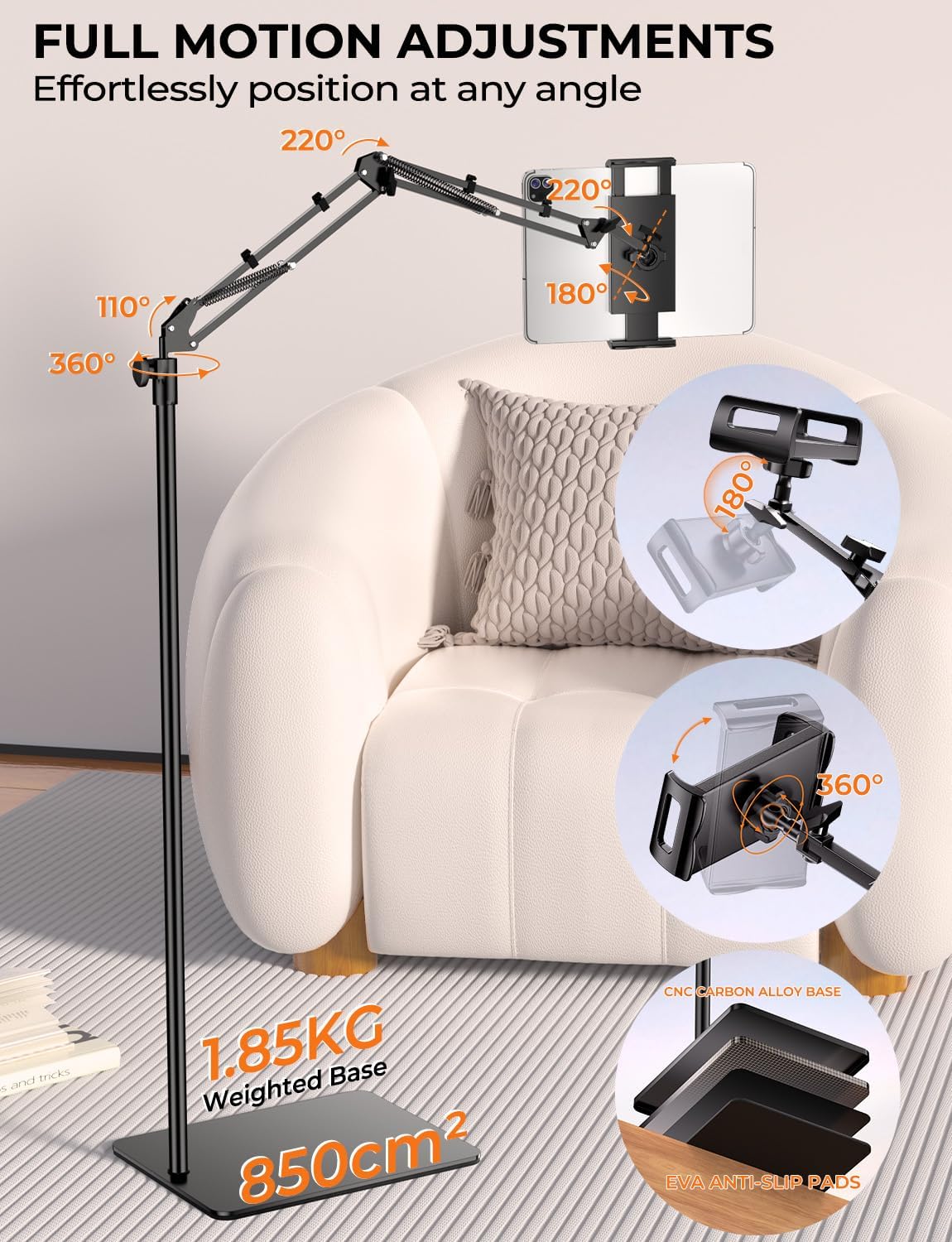 Tryone Tablet Floor Stand for Kindle Holder: E-Book Bed Mount with Page Turner Remote & Flexible Adjustable Arm, 1.85 kg Heavy-Duty Metal Base Compatible with Devices from 4.7-16.1 inches (Black)