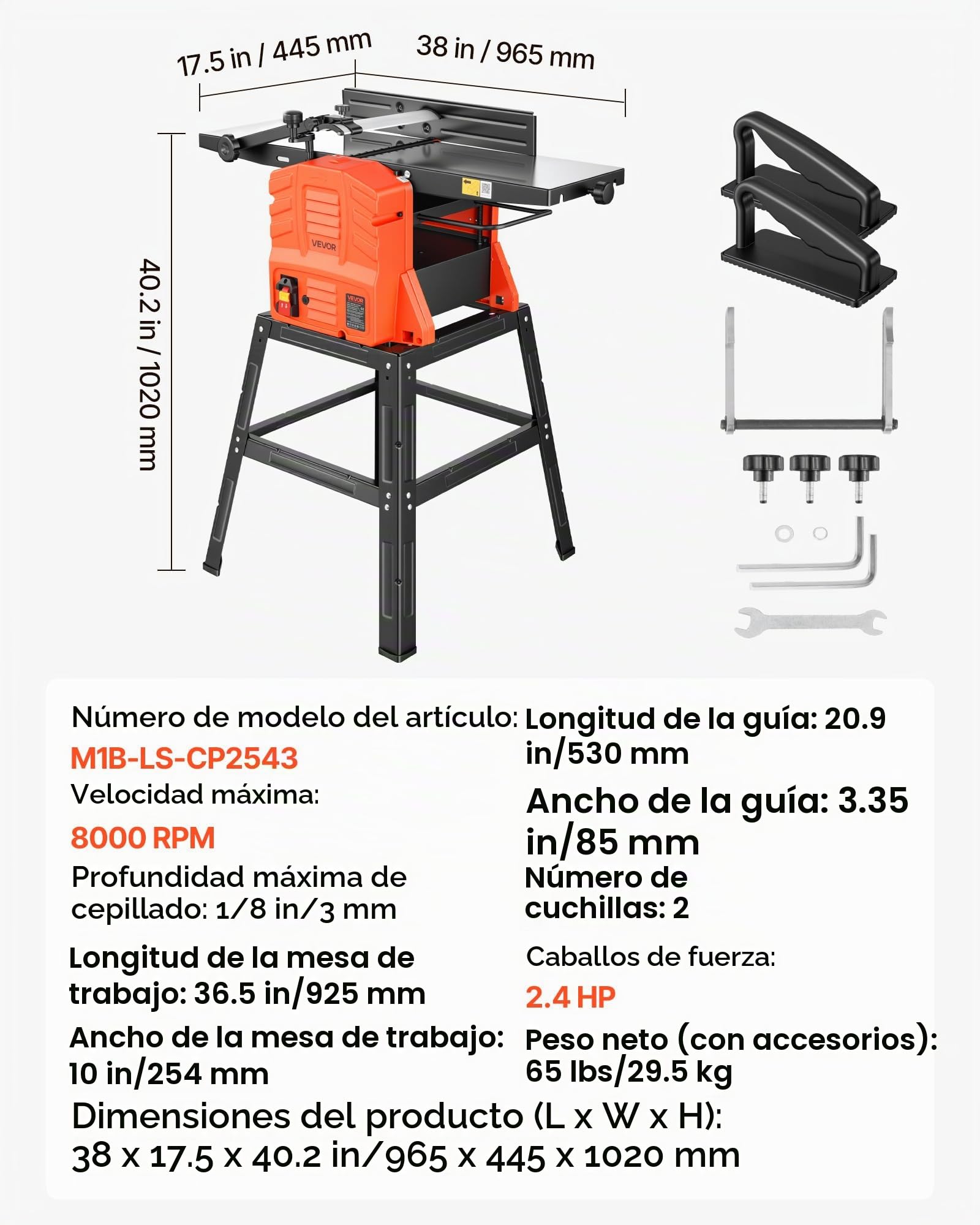 VEVOR Cepilladora y Ensambladora de Banco 254 mm 2,4 HP 8000 rpm, Ensambladora de Madera de Banco con Soporte, Cabezal de Corte Recto de 2 Cuchillas, Profundidad de 0 a 3 mm, para Carpintería
