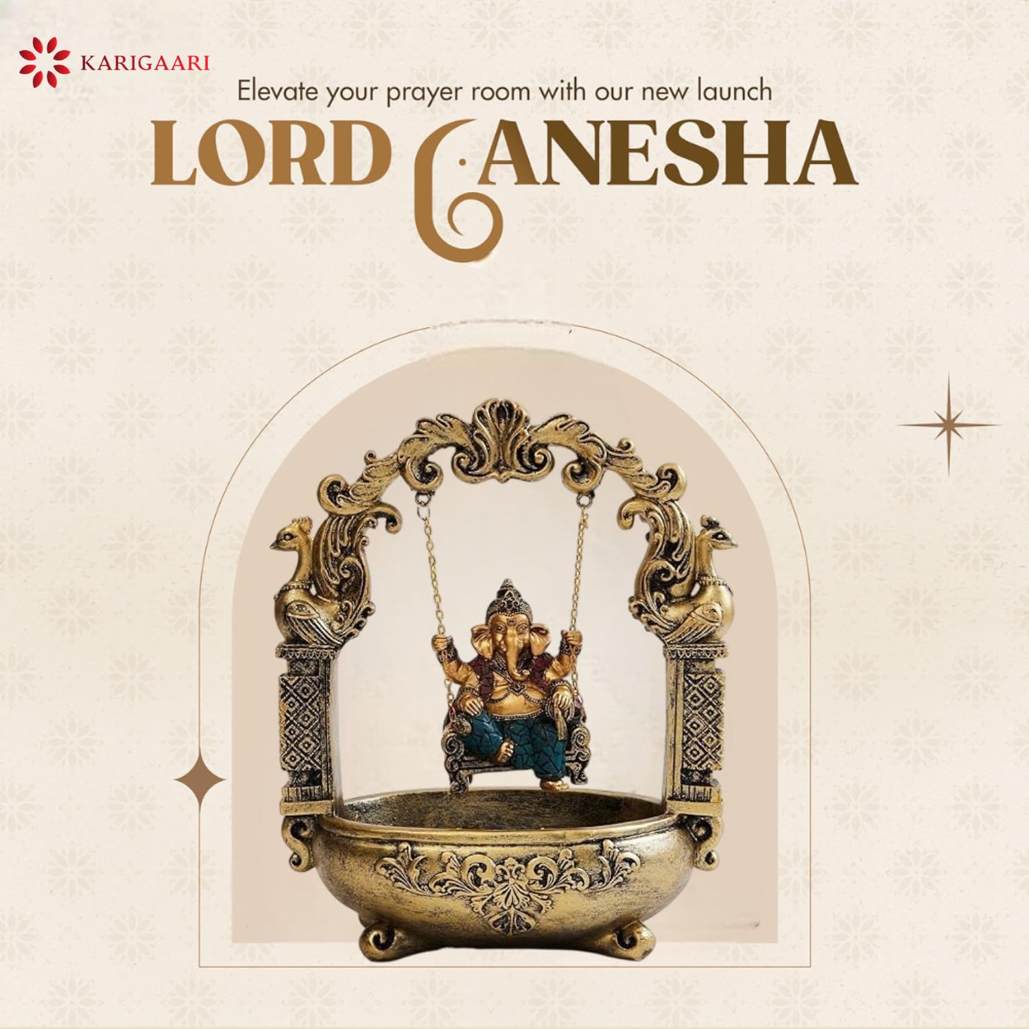 Karigaari Seigneur indien Ganesha Murti On Jhula, pièce maîtresse religieuse décorative pour décoration d'intérieur, chambre Pooja, temple et cadeau de pendaison de crémaillère
