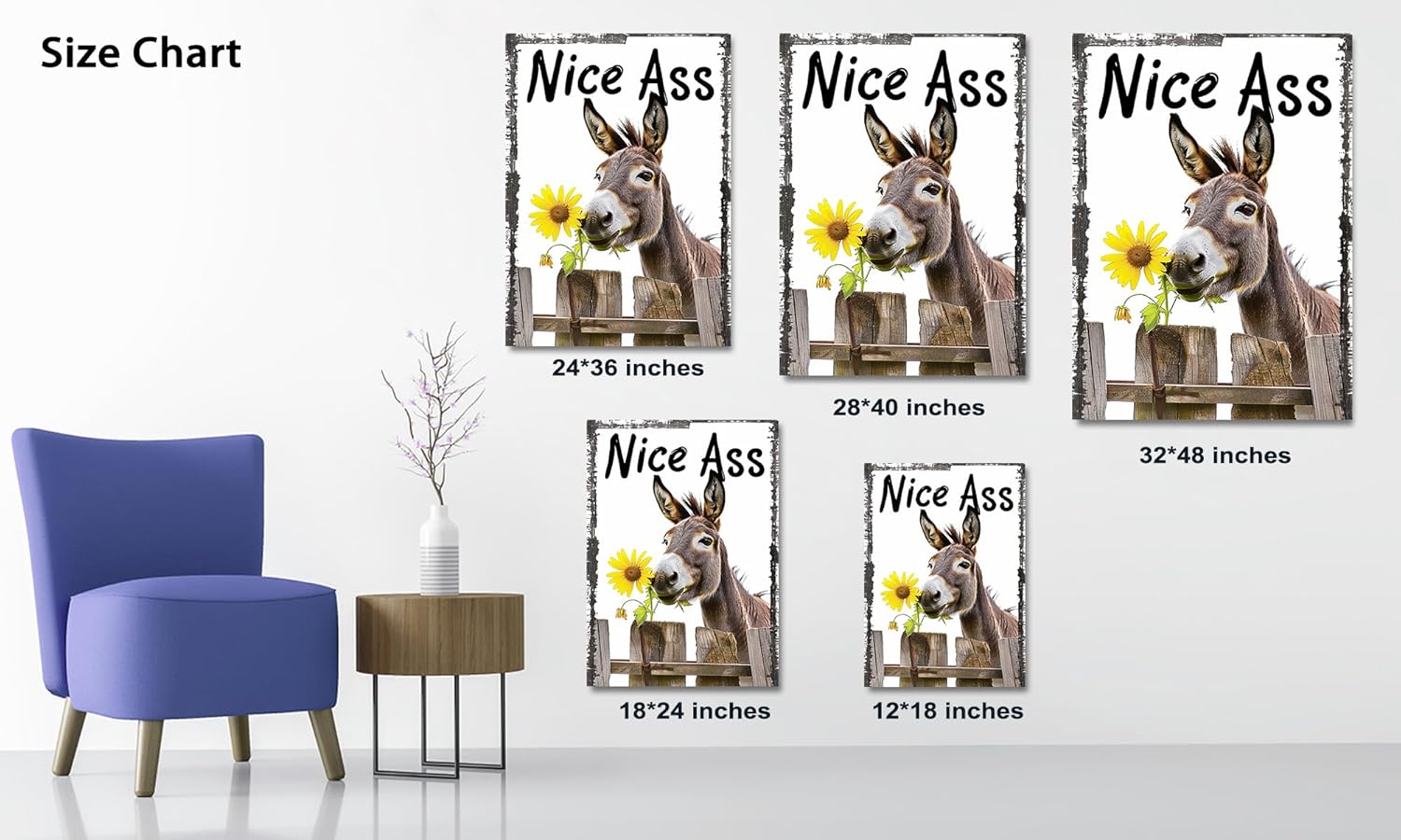 Funny Farmhouse Bathroom Wall Art, Donkey Pictures Wall Decor, Nice Ass Poster Prints for Toilet Bathroom Decor, Rustic Nice Arse Donkey Canvas Painting, Vintage Nice Butt Framed Artwork 18x24 Inches