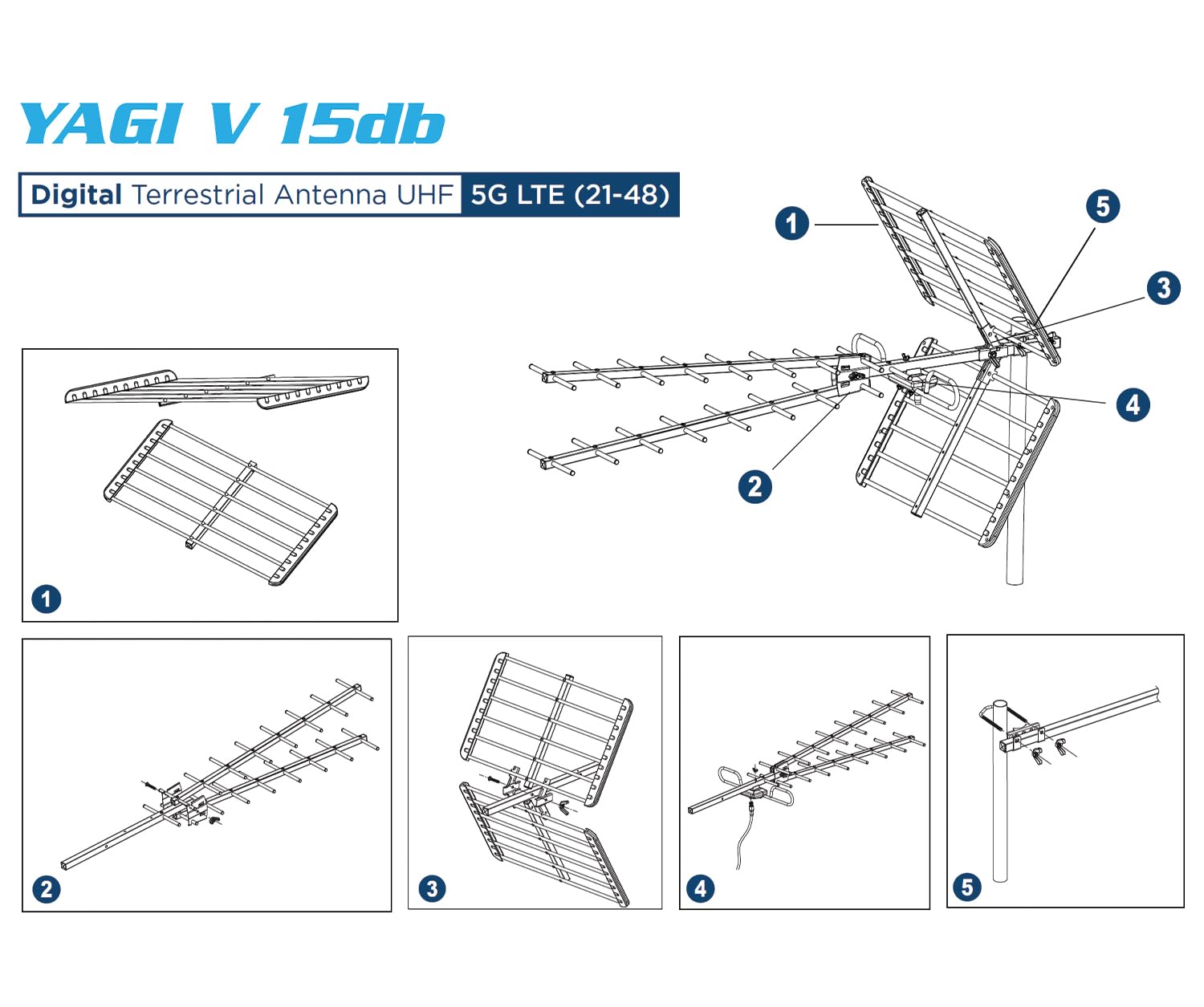 EDISION YAGI V 15db Antenna TV Digitale Terrestre UHF 21-48 esterno, con filtro 5G LTE, per Ricezione il segnale Digitale Terrestre DVB-T/T2, Frequenze 470-694Mhz, Lunghezza 105cm, LTE700, Blu
