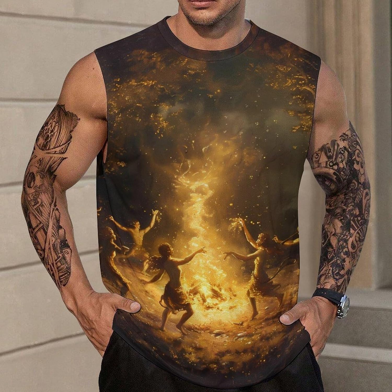 Forests Ritual Around Bonfire Men Summer Sleeveless Crew Neck Top 5XL