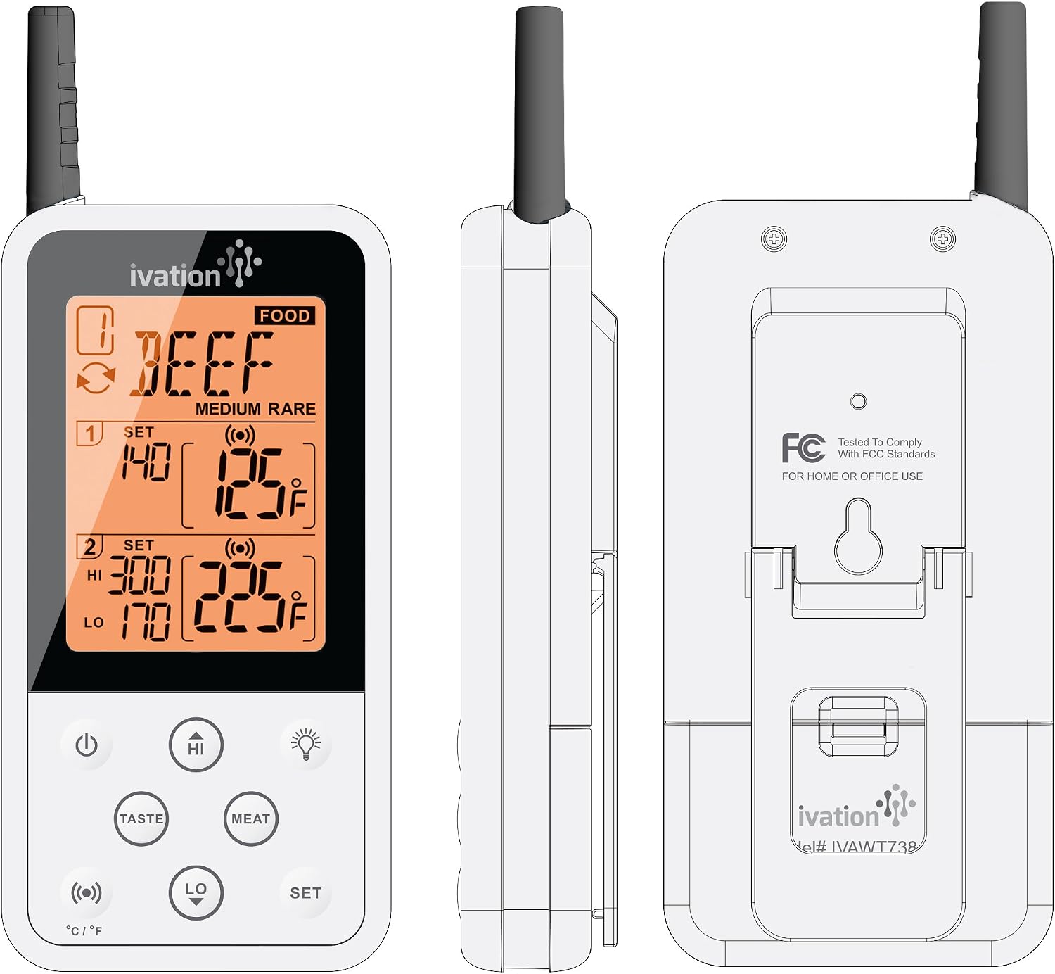 Ivation Long Range Wireless Thermometer - Remote BBQ, Smoker, Grill, Oven, Meat Thermometer - Monitors Food from Up to 300 Feet Away (Large White Magnet)