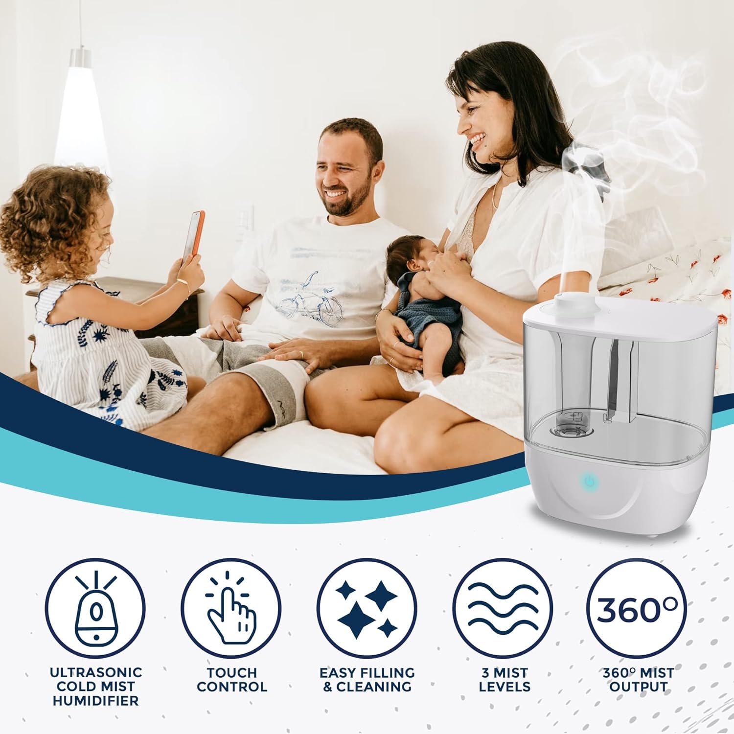 CHA Ultrasonic Cold Mist Humidifier with family in background and feature icons