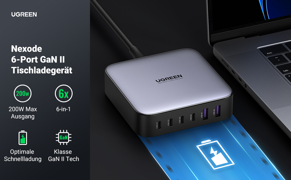 UGREEN Nexode USB C Ladegerät 200W USB C PD Netzteil 100W+100W 6 