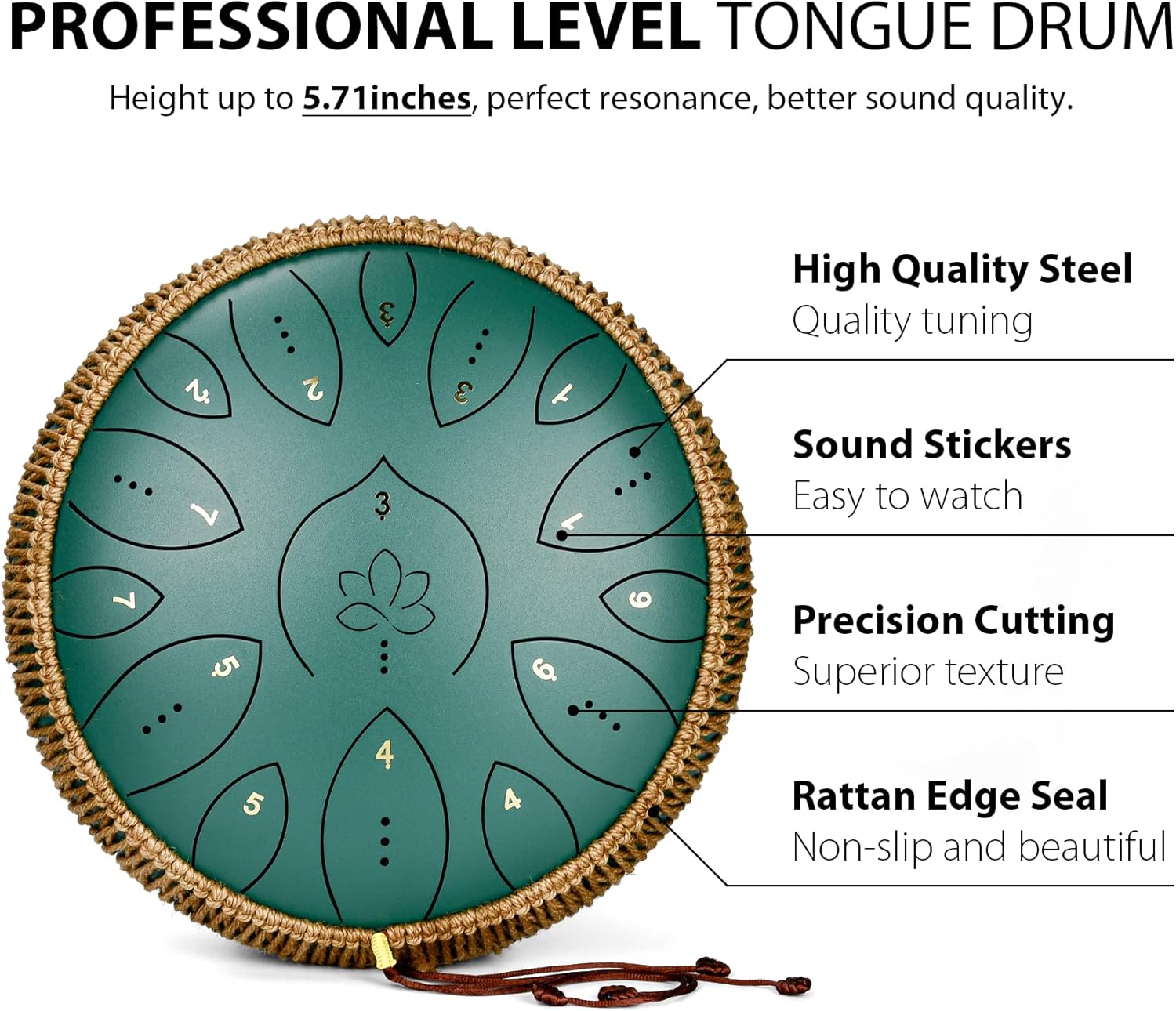 steel tongue drum 13 inches 15 notes, hand pan drums for adults 440hz, c major handpan musical instrument with song book, mallets and carry bag, green green 13inch-lotus