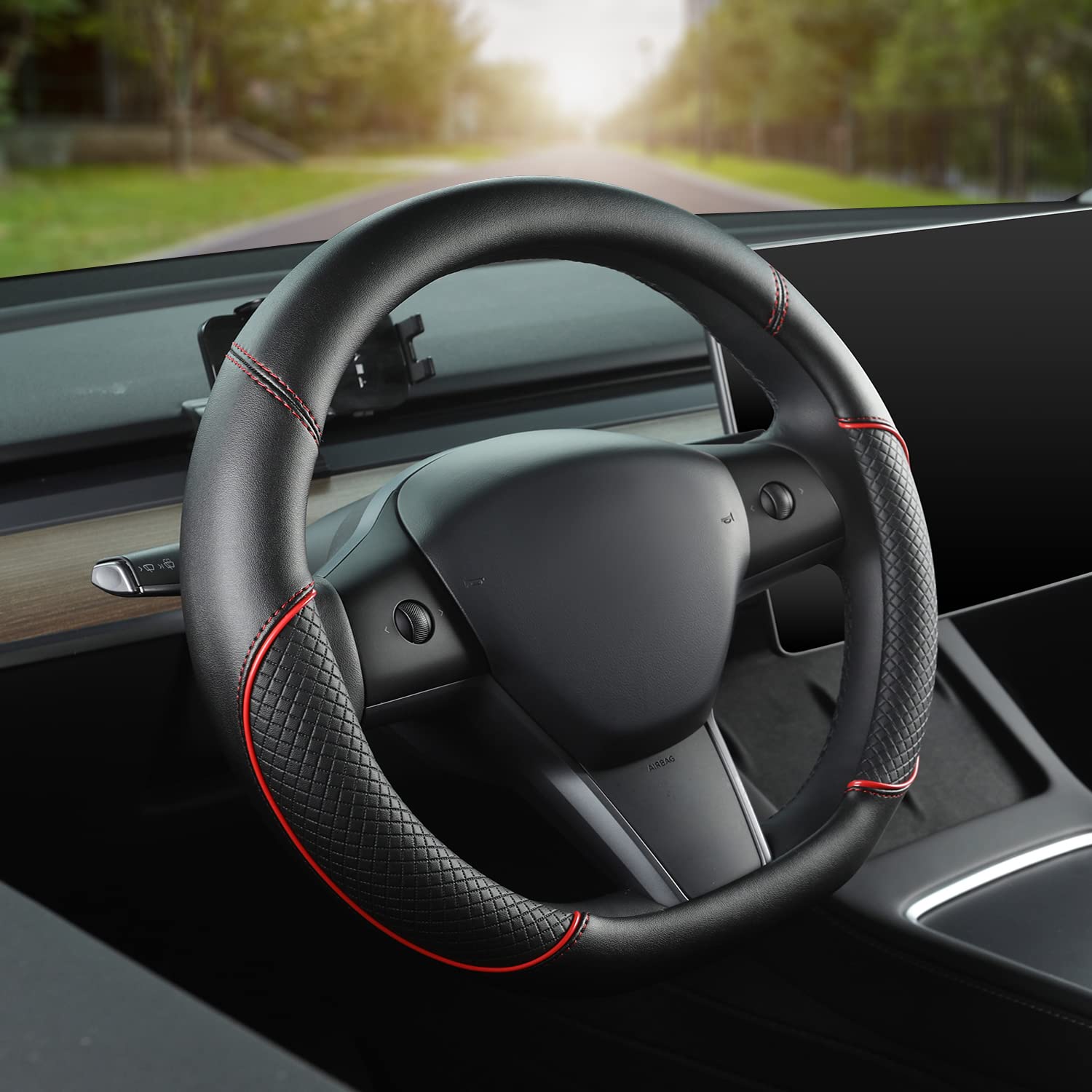 GIANT PANDA Housse de Volant en Cuir PU Compatible avec Tesla Model 3 / Tesla Model Y,Volants Forme D - Noir + Rouge