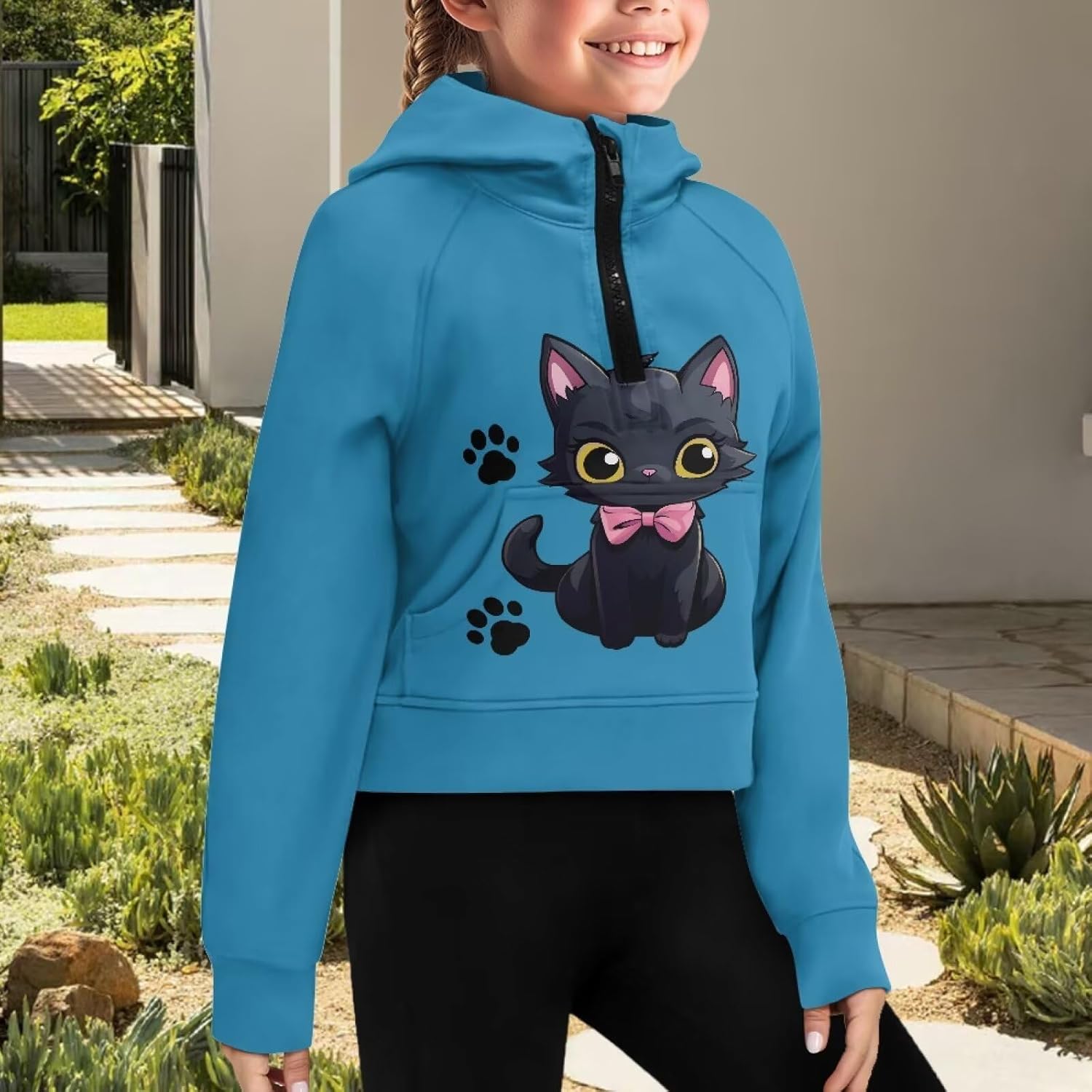 Cat Hoodies for Girls 11-12 Baggy Long Sleeve Sweatshirts Half Zip up Pullover Crop Tops Lightweight Fleece Pullover Sweatshirt Soft Fall Winter Tops with Pocket