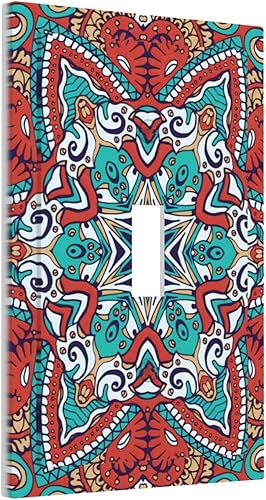 Placa de interruptor de luz de palanca individual con diseño de flor de mandala, diseño bohemio, hippie, rojo, 1 banda, placa de pared decorativa