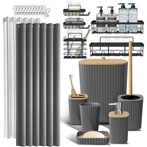 Clara Clark Bathroom Accessories Set - Bathroom Set with Adhesive Corner Shower Caddy Hanging, 25PC Bathroom Accessory Set, Grey Shower Curtain Set, Toilet Brush, Trash Can & Soap Dispenser