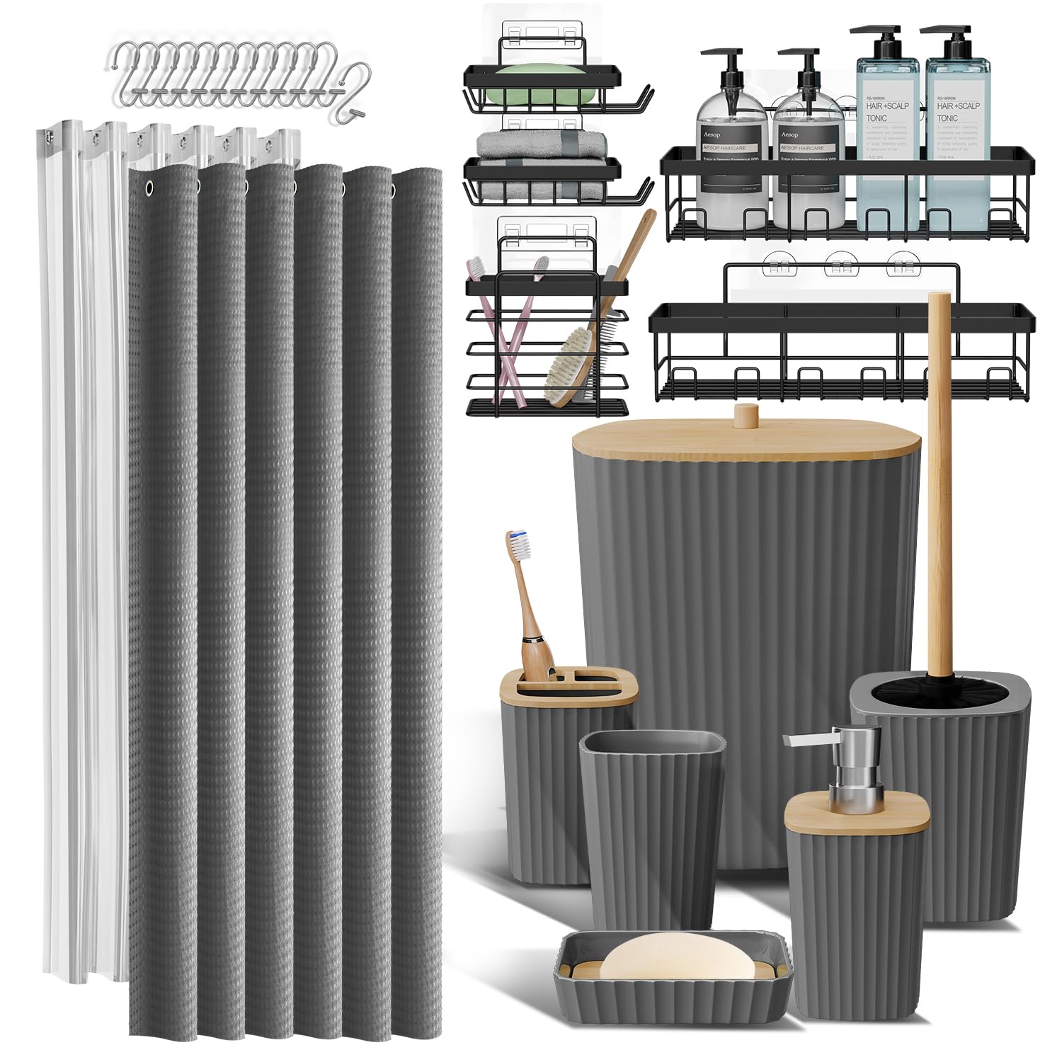 Clara Clark 25PC Modern Rustic Boho Grey Bathroom Accessory Set with Shower Caddy, Toothbrush Holder, Soap Dispenser, Trash Can, Toilet Brush, Shower Curtain Set
