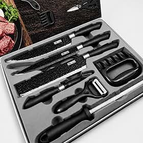 Kit Churrasco Premium 8 Peças – Conjunto Profissional de Facas Gourmet em Aço Inoxidável com Lâminas Antiaderentes e Corte Navalha (Preto)