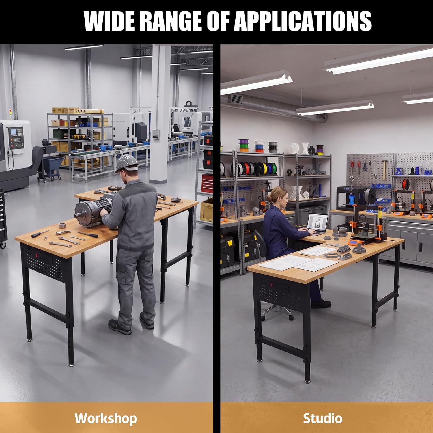 70"x47" L-Shaped Heavy Duty Work Bench, 3300 LBS Load Capacity Heights Adjustable Workbench, Work Benches for Garage with Power Outlet & Pegboard, Rubber Wood Work Table for Office, Workshop, Home