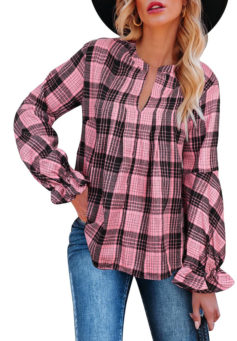 FANCYINNWomen's Casual Flannel Plaid Pleated Front Tunic Tops Split Neck Long Lantern Sleeves Loose Pullover Shirts