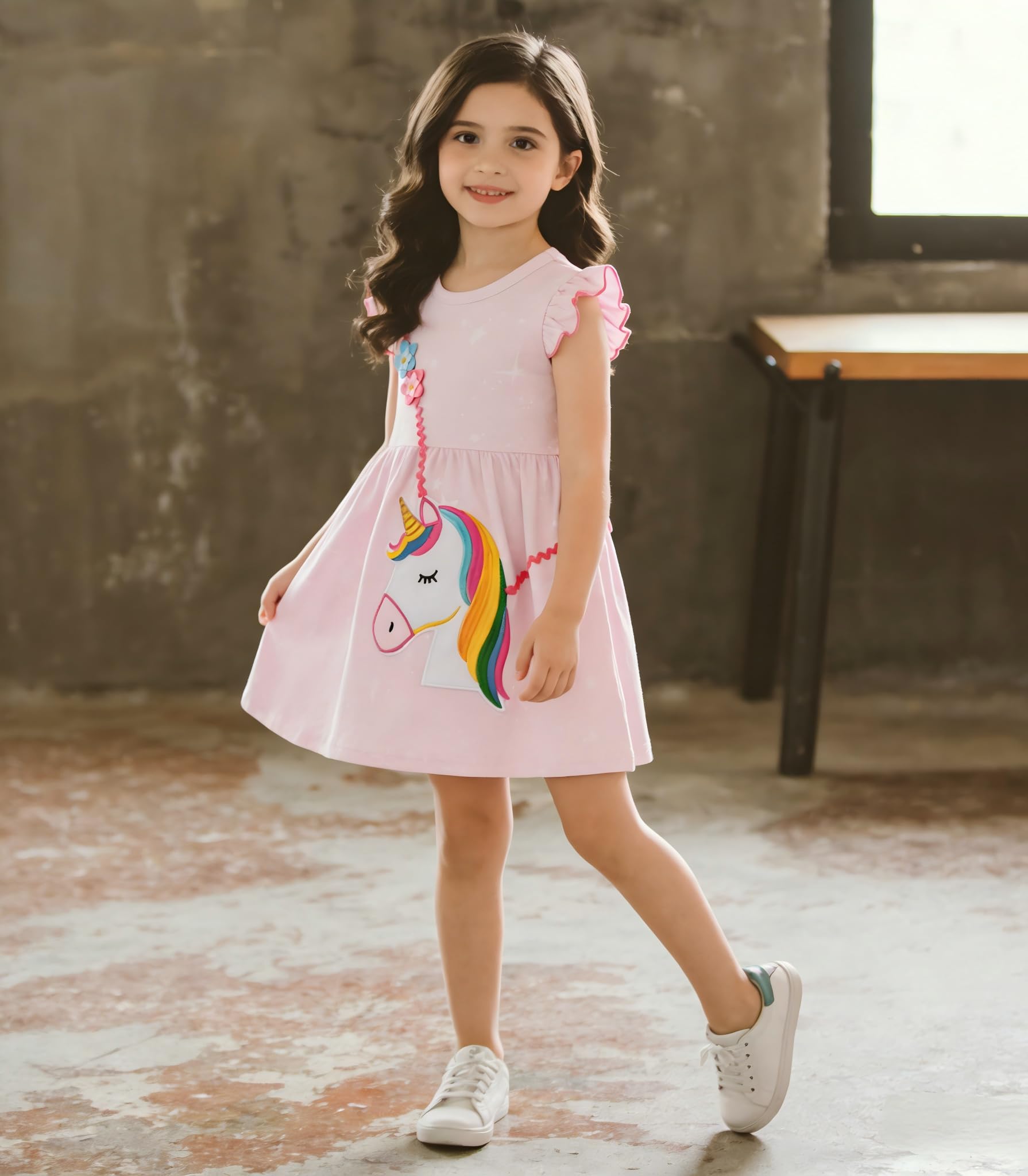Vestido Niña Unicornio Manga Algodón Flores Verano Casual 2-8 Años