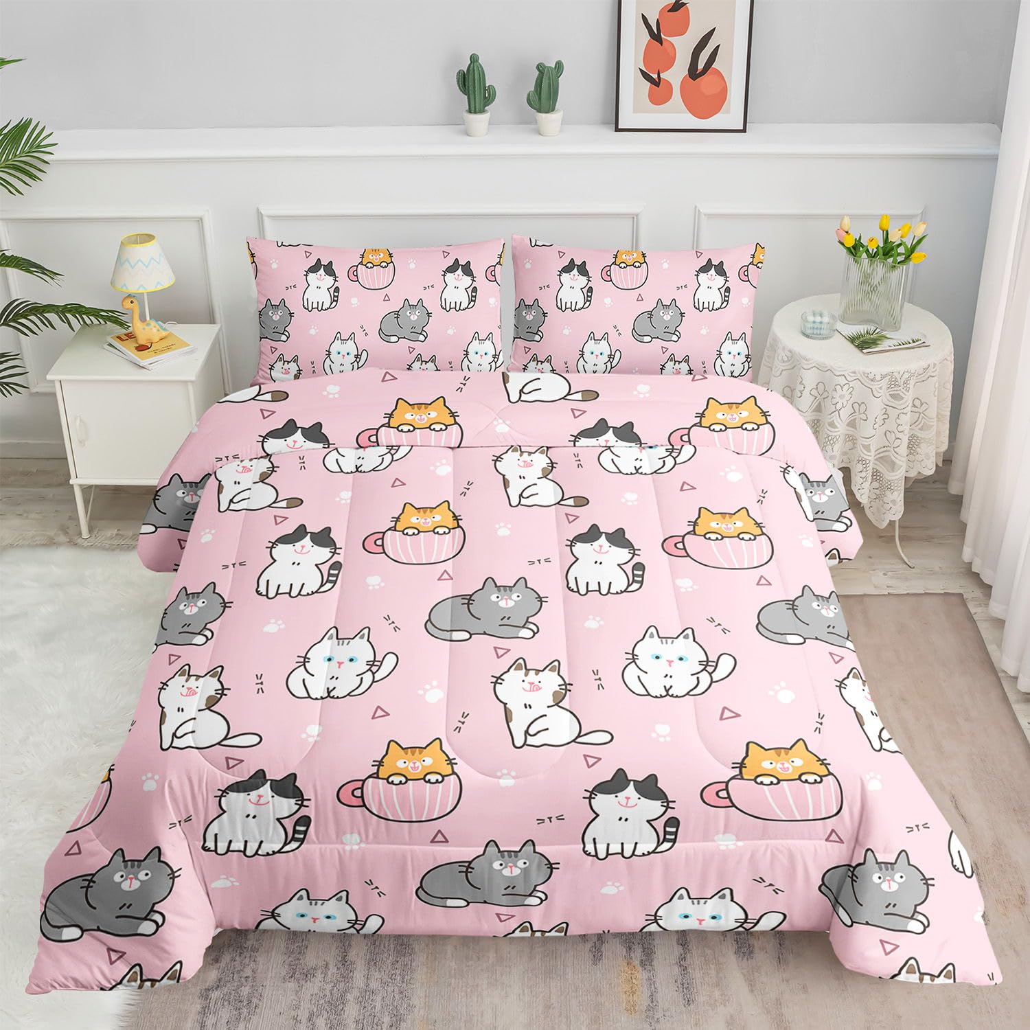 Smell Sunshine Comforter Set 3pcs (1 Comforter + 2 Pillowcases) for Boys Girls Cats Printed Bedding Comforter Set,Duvet for All Seasons(B-Cats Twin)