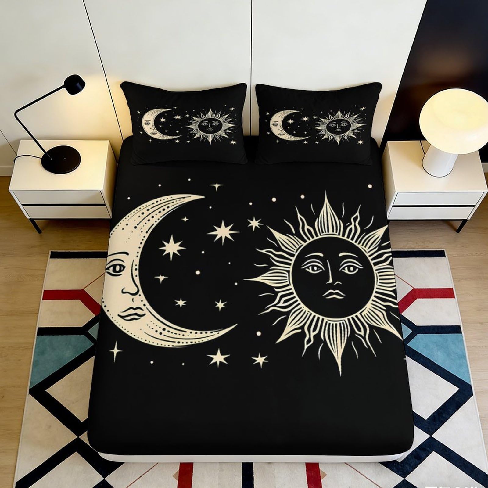3D Printed Sun Moon Fitted Sheet Microfiber Deep Pocket Elastic Hem Bedroom Bedding Sun Moon Mattress Fitted Cover Non-Slip Washable 90x200x25cm