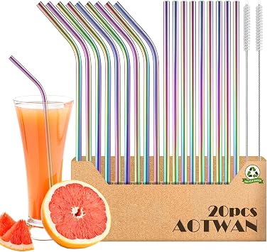 AOTWAN Metal Straws Colourful Stainless Steel Straws 20Pcs Include 9 Straight + 9 Bent + 2 Cleaning Brushes Metal Straws Drinking Reusable Straw for Smoothie,Milkshake,Cocktail