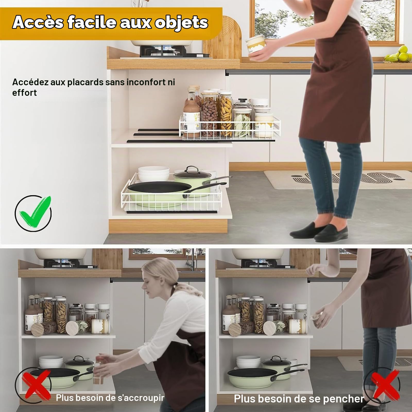 Lot de 2 Organiseurs Tiroirs Coulissants Cuisine Avec Adhésif | Largeur Réglables Extensibles à 3 Rails Coulissants Organisateurs Placard Extensibles, Autocollants/Forage (Blanc) (M+L-Set)