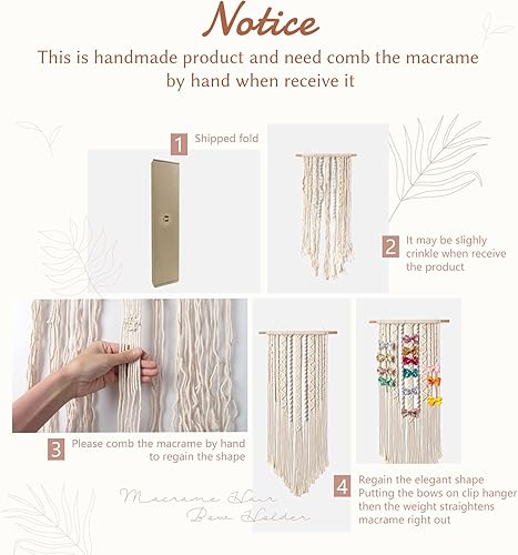 Miniatura 5 de Mkono Soporte de lazo de macramé para colgar el pelo, organizador para lazos para el pelo de niñas, pinzas para el pelo de pared bohemio, gancho