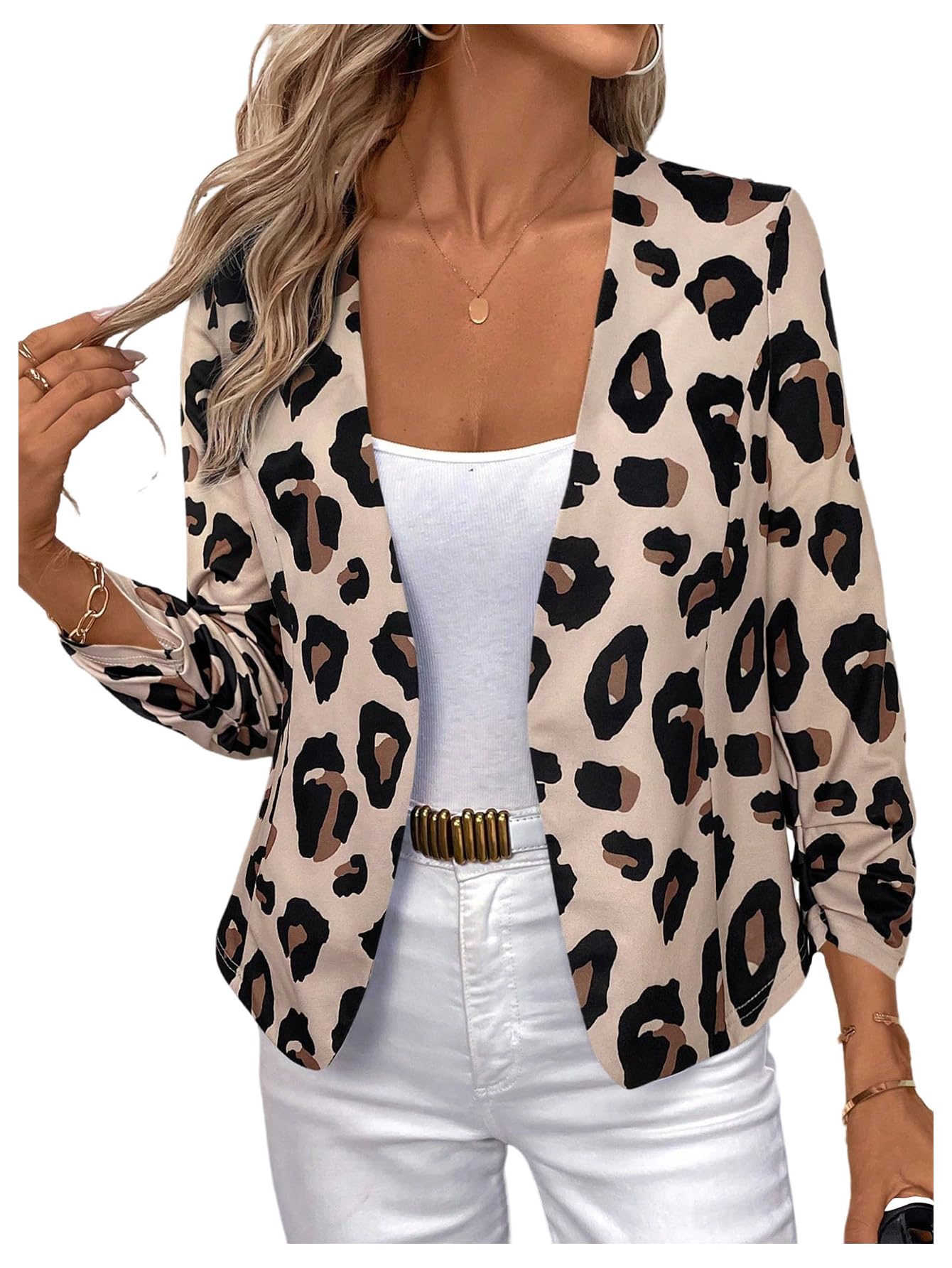 OYOANGLE Womens Leopard Print Knit Open Front Suit Jacket Long Sleeve Elegant Blazer Cardigan