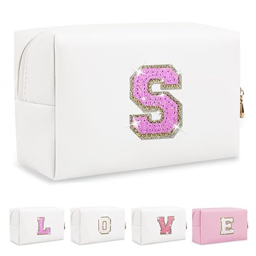 Miniatura 408 de Bolsa de maquillaje personalizada con inicial A-Z Preppy Patch, pequeña bolsa de cosméticos de PU con letra de chenilla y cierre para niñas Negro