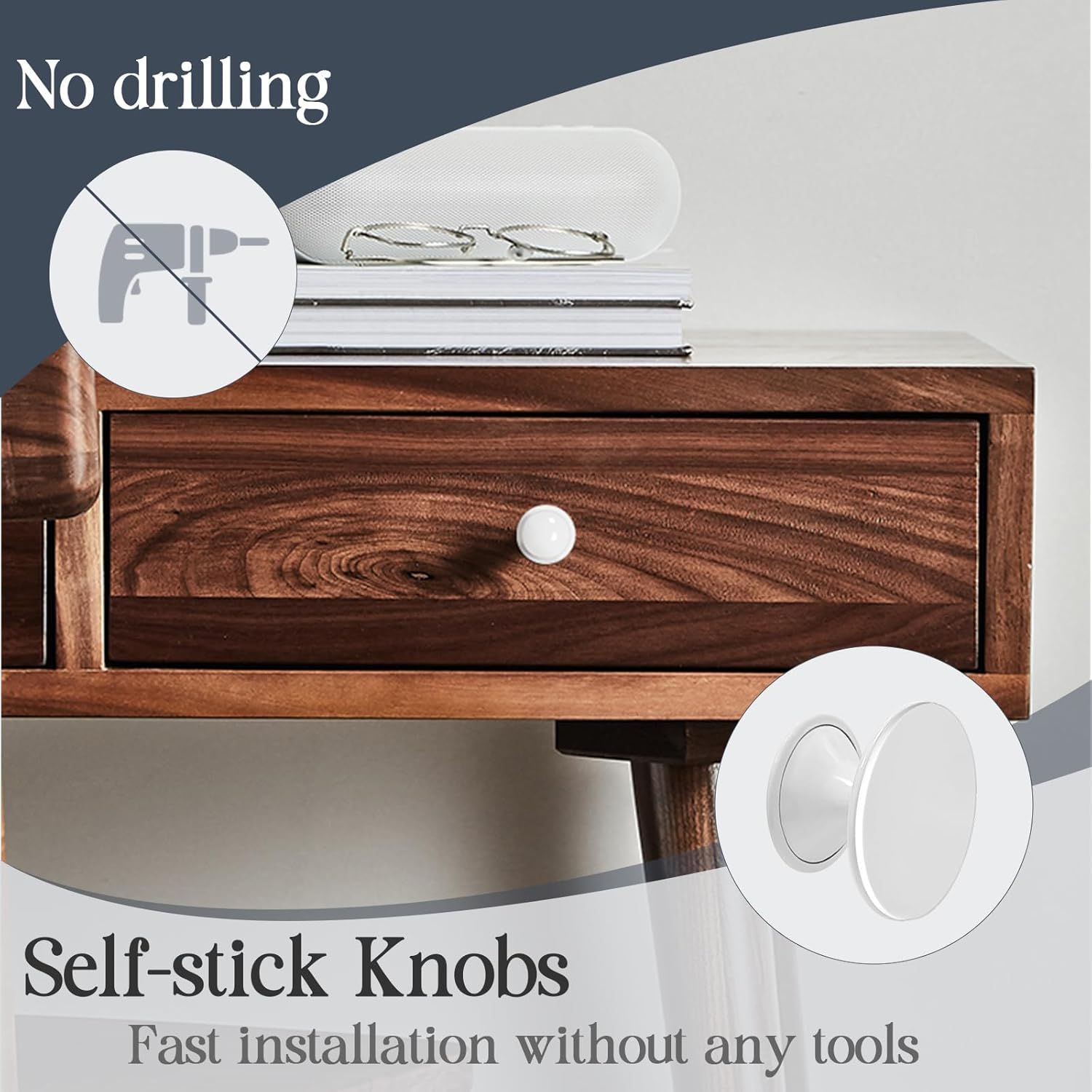Adhesive Cabinet Knobs 4pcs White Self-Stick Knobs Drill Free Dresser Drawer Pulls Stainless Steel Stick On Handles for Medicine Cabinets Drawer Cupboards Glass Sliding Door Terrarium Lid