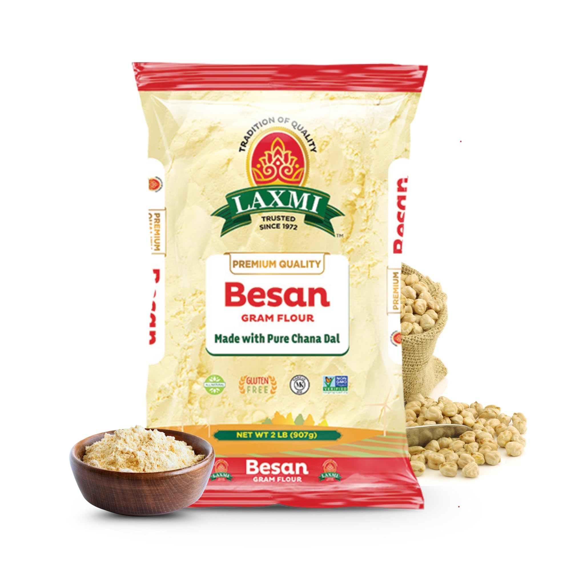 Laxmi Gram Besan Flour 2 lb Non-GMO, Vegan, Gluten Free - Made from Finely Ground Chickpeas Perfect for Authentic Indian Recipes