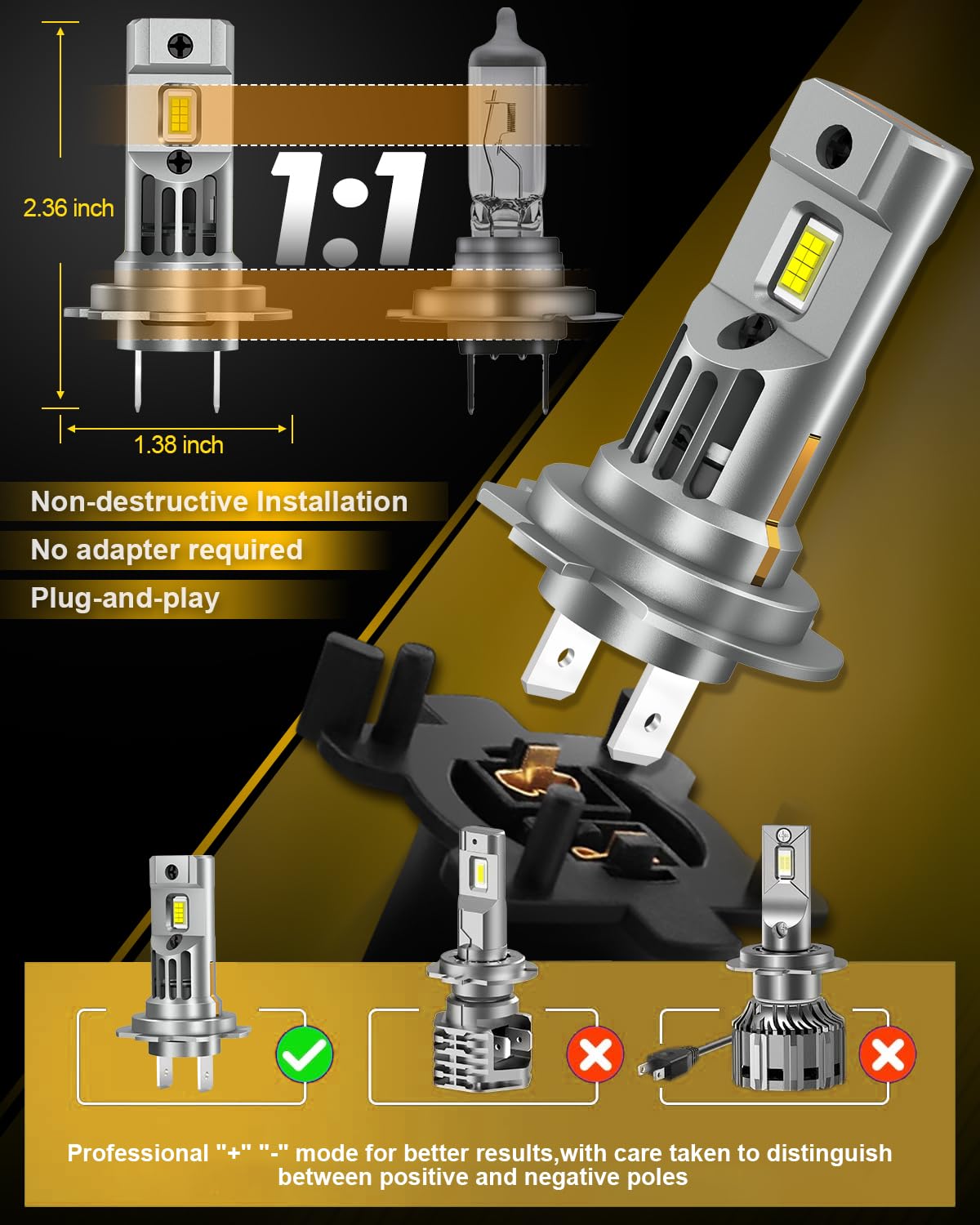 YPSNH Ampoule LED H7 Améliorée, 110W 20000LM 600% D'ultra Luminosité avec 16 Puces CSP, 6500K Blanc, 1 YPSNH Ampoule LED H7 Améliorée, 110W 20000LM 600% D'ultra Luminosité avec 16 Puces CSP, 6500K Blanc, 1