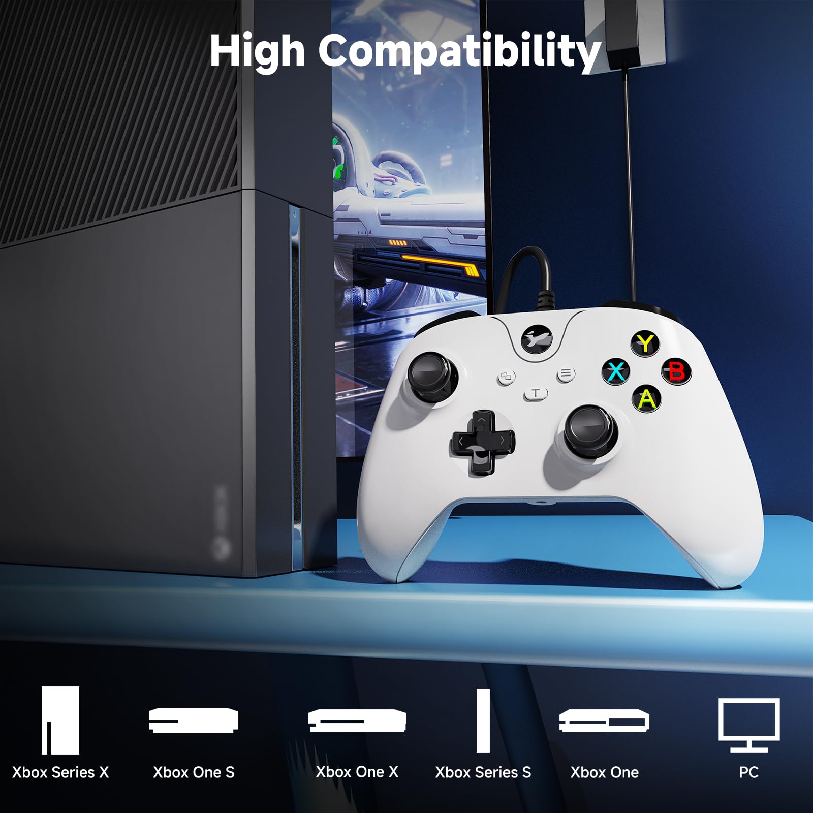 YCCTEAM Wired Controller for Xbox One, Wired Xbox one USB Gamepad Controller Compatible with Xbox One/S/X/PC Windows 10/11 with 3.5mm Headset Audio Jack(White) — view 2