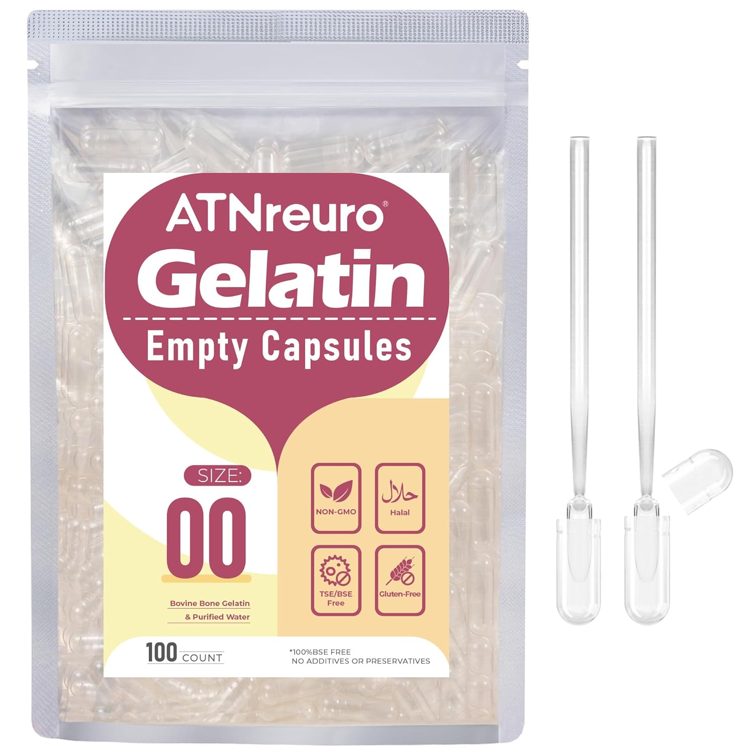 Size 00 Empty Gelatin Capsules with 2 Micro Spoons - 100 Count Empty Clear Capsule - Gel Pill