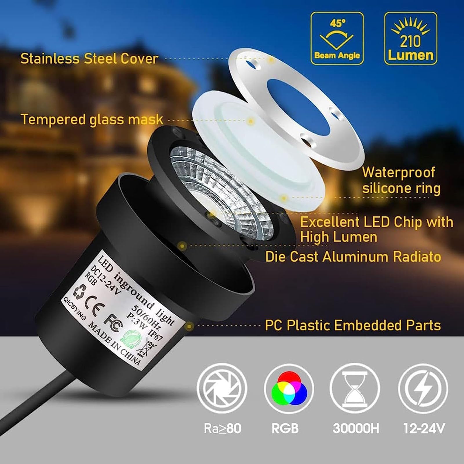 4PCS Faretti LED Esterno - Faretto Luce Da Pavimento, Faretto Da Incasso 3W RGB LED, 12V-24V Luci Spot A Terra, Lampada Da Terra Da Incasso Per Giardino IP65 A Luce Led (Color : Rgb