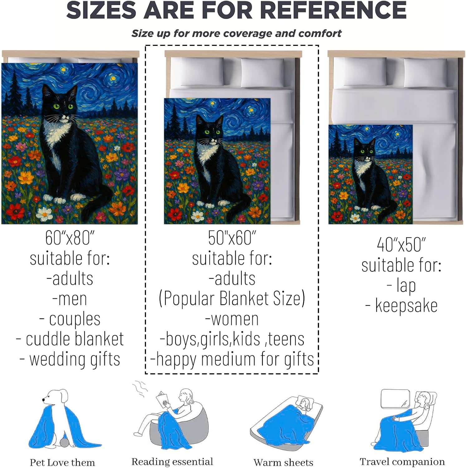 Black Cat Gifts, Tuxedo Cat Theme Flannel Blanket for Women, Cute Kitten Birthday Throw Blankets for Kids, Girls, Travel Camping Sofa Living Room Decor 50x60 in