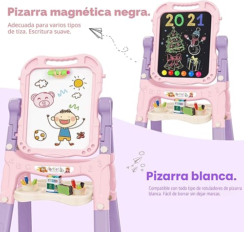 Miniatura 7 de Caballete de arte para niños, caballete giratorio ajustable de doble cara con accesorios de pintura para niños pequeños y niñas, color rosa