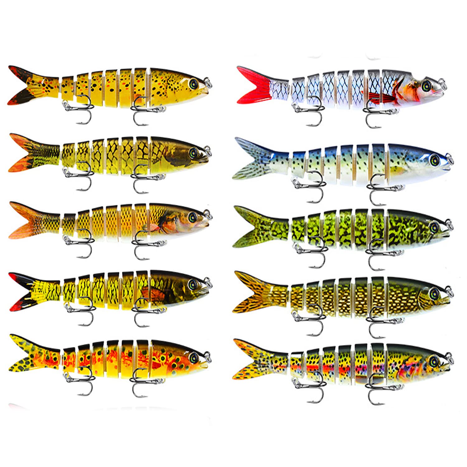 10 Stück Kunstköder, Multi Joint Wobbler Swimbait Jerkbait Barsch Köder Angelgerät zum Angeln Raubfisch mit 2 Drillingshaken, Gummifisch für Hecht Barsch Zander Angelköder (G 10PCS)