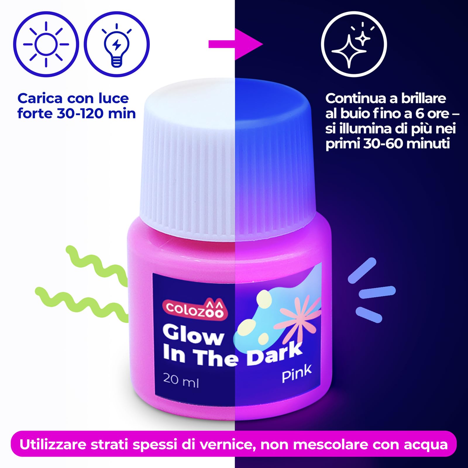 colozoo Set di colori acrilici fosforescenti 8x20ml luminosi +3 pennelli | brillano al buio sono durevoli su qualsiasi superficie fluorescenti autoilluminanti