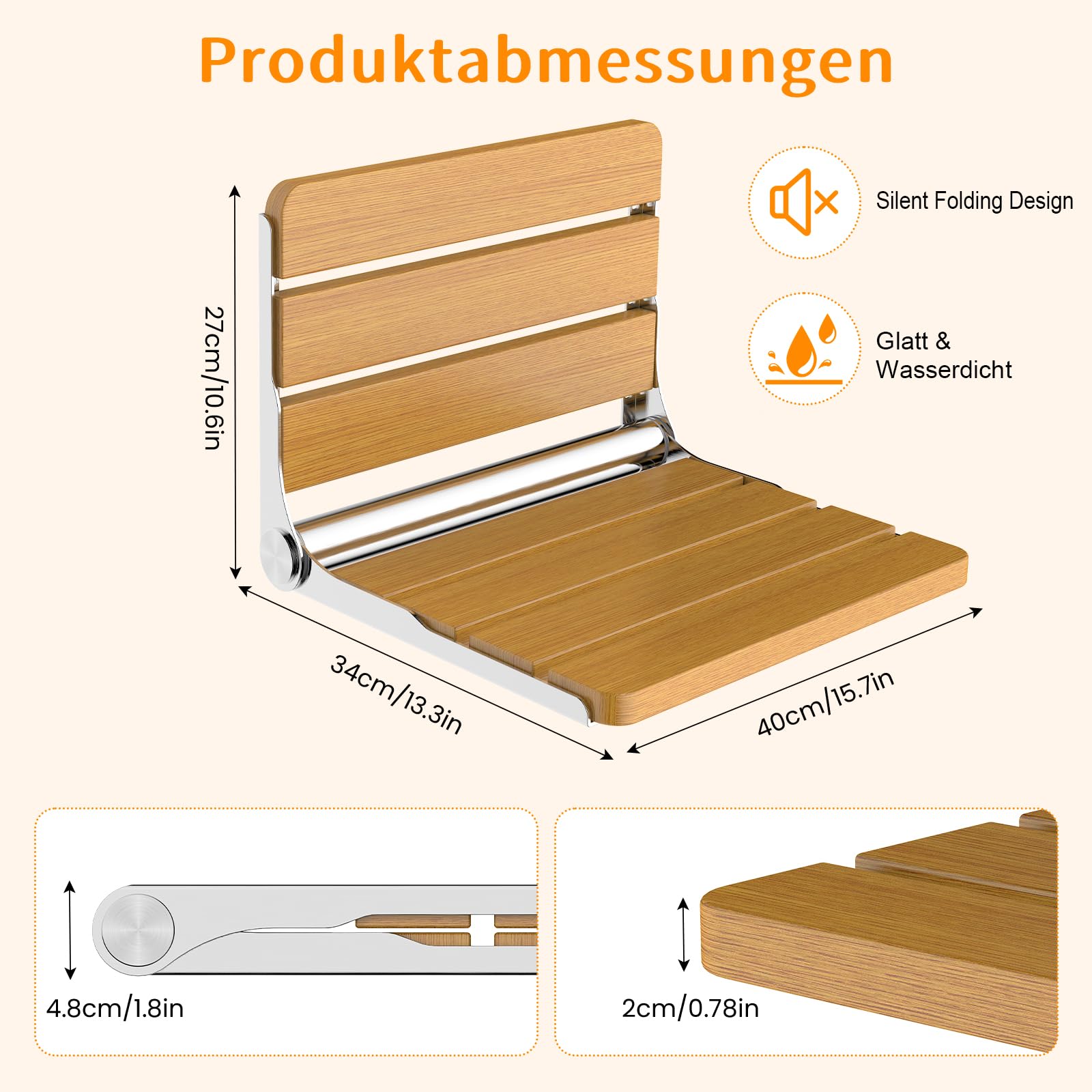 Asiento Ducha Plegable Madera Pared Montada, Silla Abatible Ducha Montado en la Pared ，Taburete Baño Banqueta Ducha para Personas Mayores Minusvalidos Adultos
