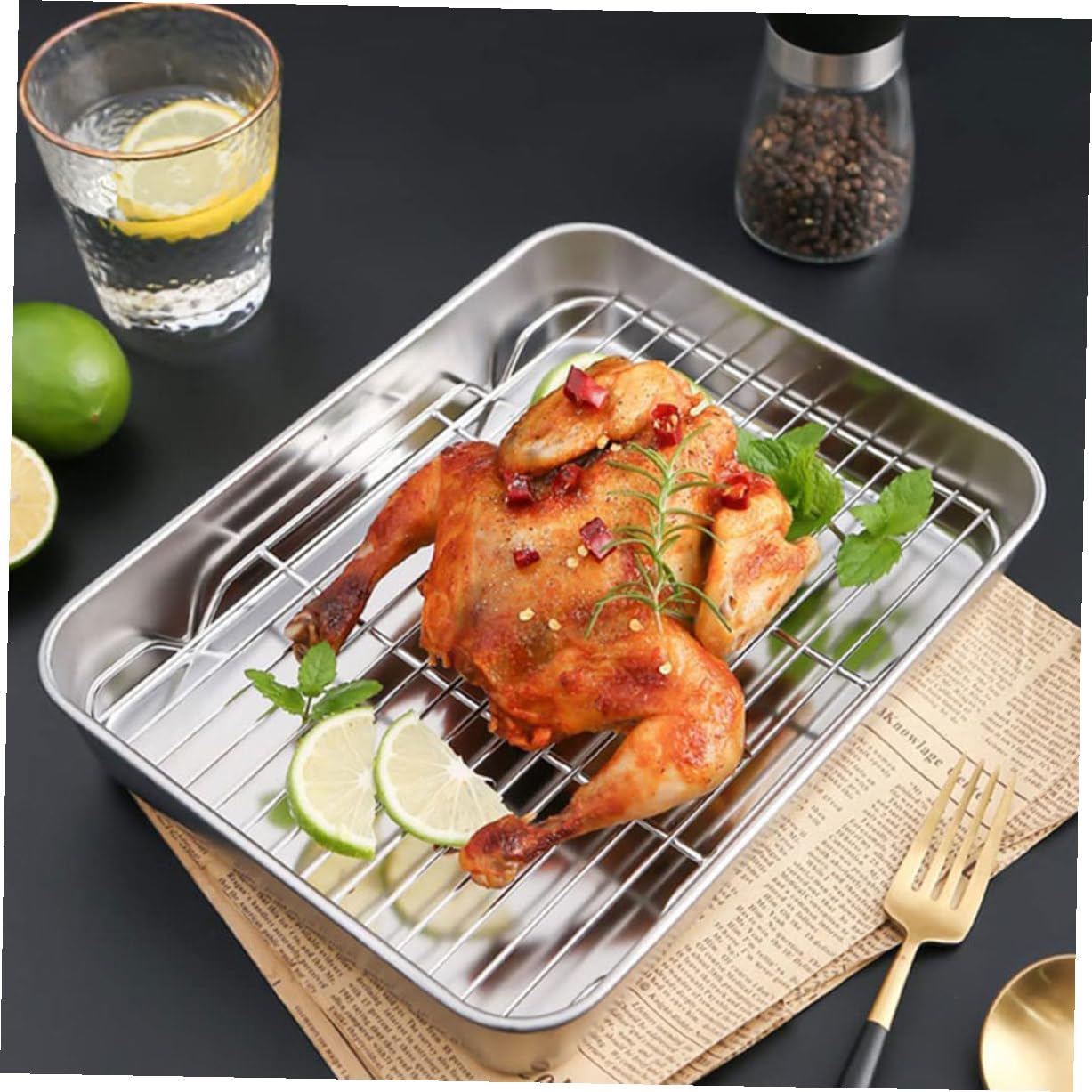 Bandejas para Hornear Duraderas y Antiadherentes de Acero Inoxidable Juego de 2 con Rejilla Ideales para Hornear y Enfriar Alimentos en Cocina