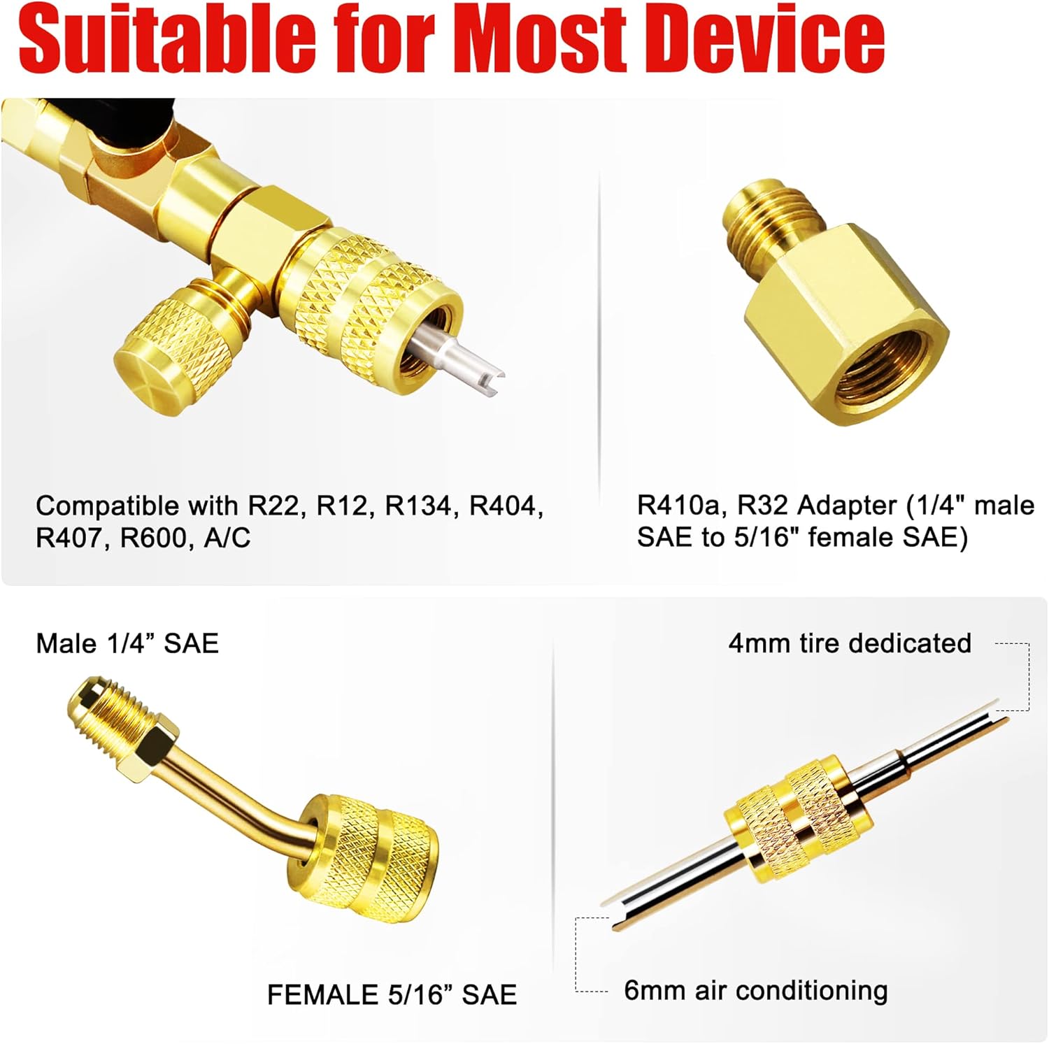 HVAC Valve Core Removal Tool, AC Schrader Valve Removal Tool with Dual Size SAE 1/4 & 5/16 Port, R410 R32 Brass Adapter Air Conditioning Line Repair Tools for Refrigeration