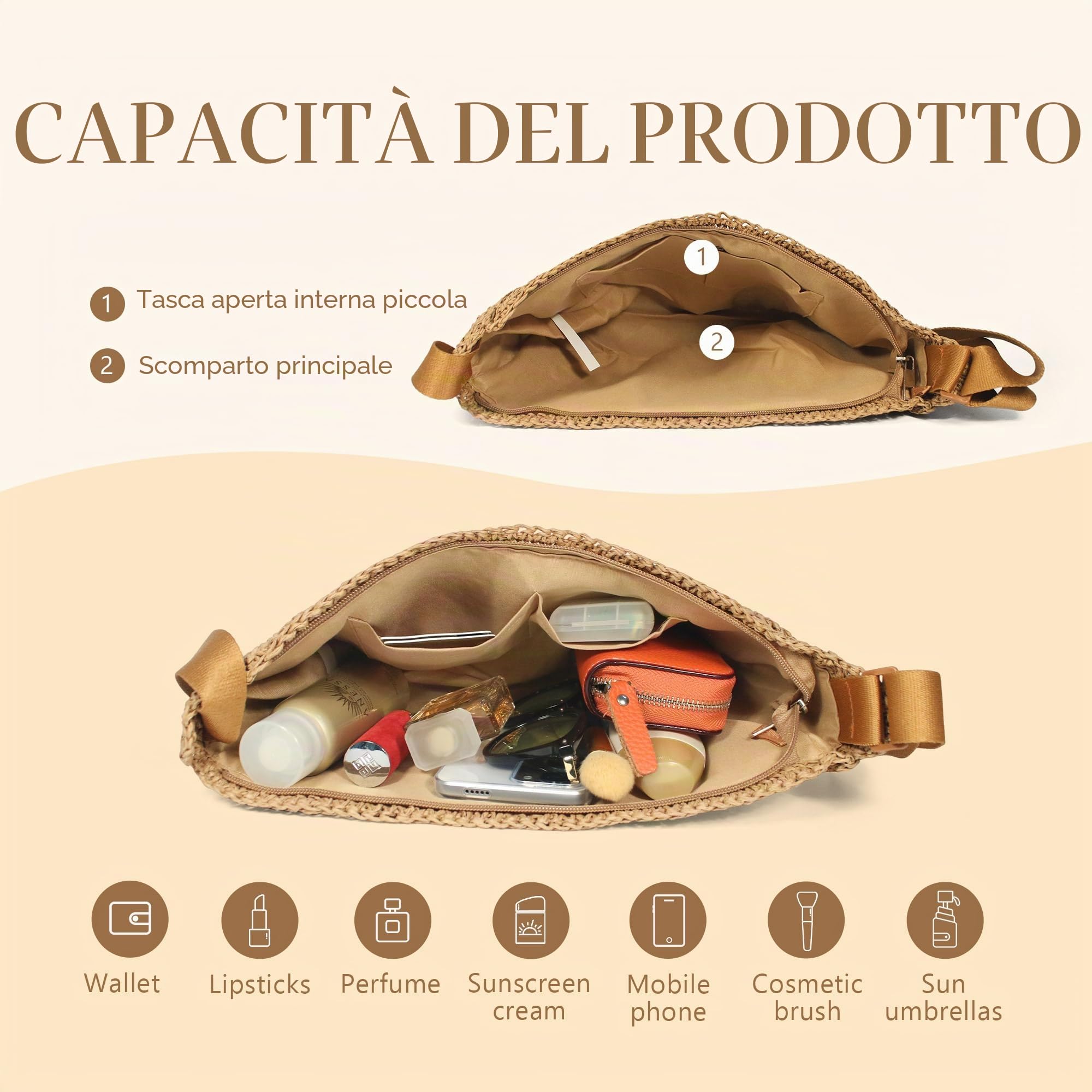 Paglia Croce Corpo Borsa per Donne Estate Intrecciata Spiaggia Borsetta Mezzaluna Tracolla con Cinturino Regolabile 2025