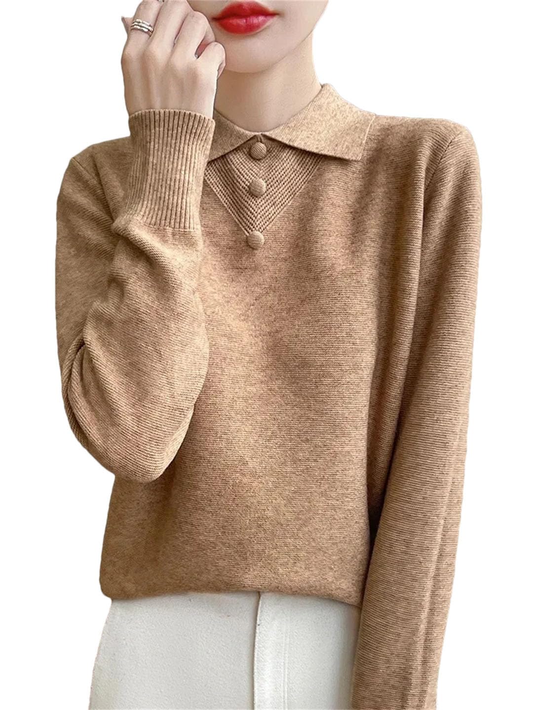 Womens Spring Knitted Collar Korean Style Solid Full Sleeve Pullover Top Sweater
