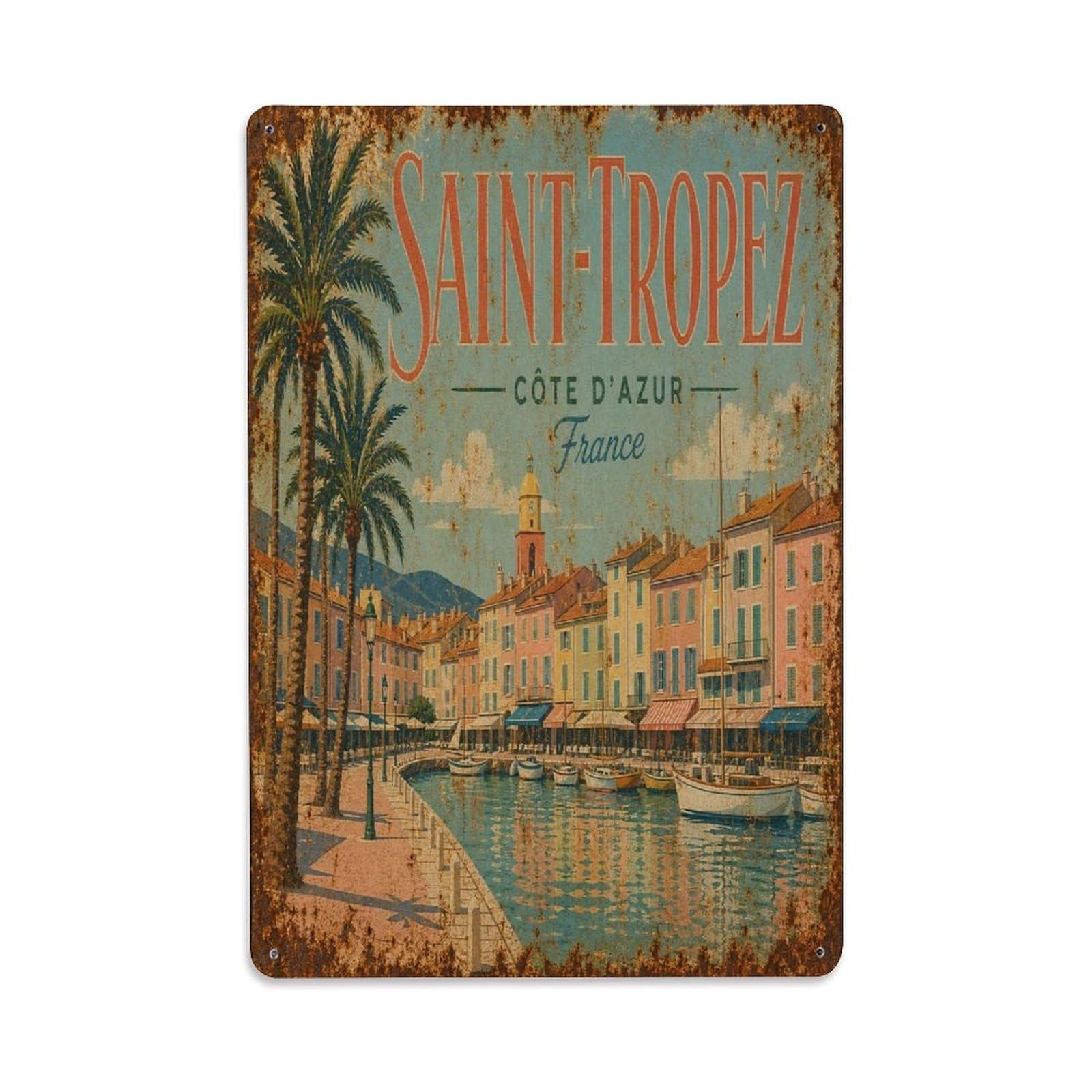 Travel Saint Tropez Coastal Route Riviera Metal Tin Sign Plaque Wall Decor for Cafe, Man Cave, Club Bar, Office, Home Garden Round Metal Poster 8x12Inch