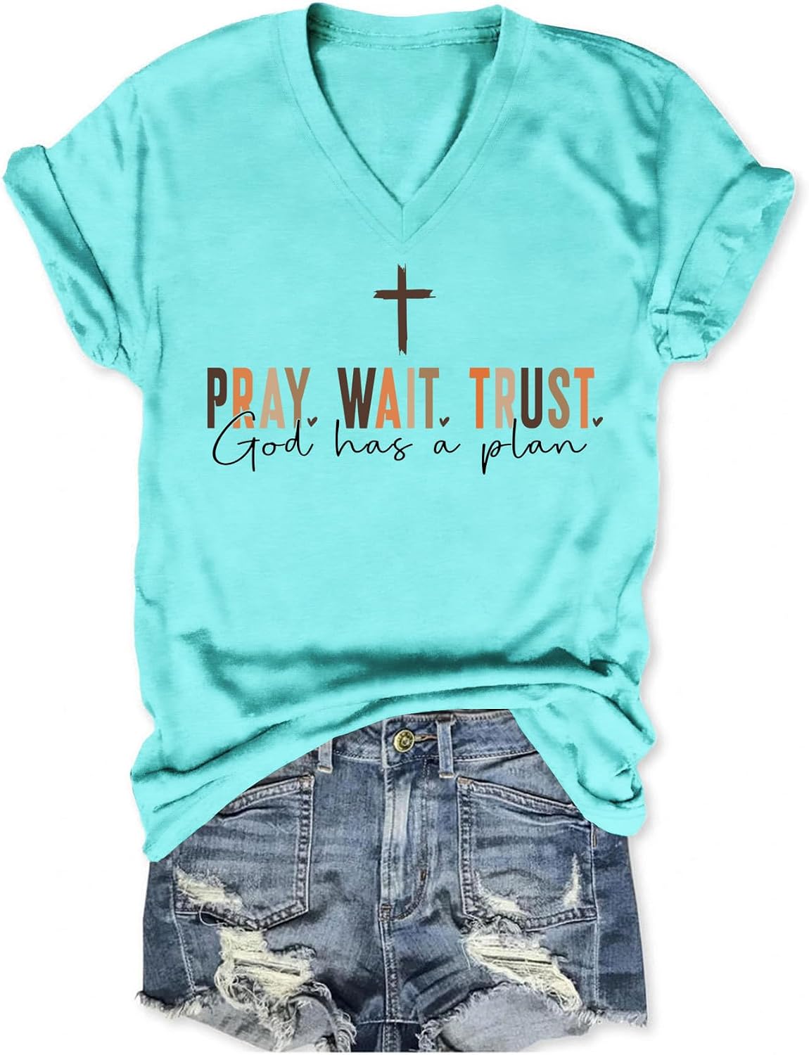 Pray Wait Trust God Has A Plan Shirt Christian Shirts for Women Cross Jesus T Shirts Graphic Tees V Neck Religious Tshirts