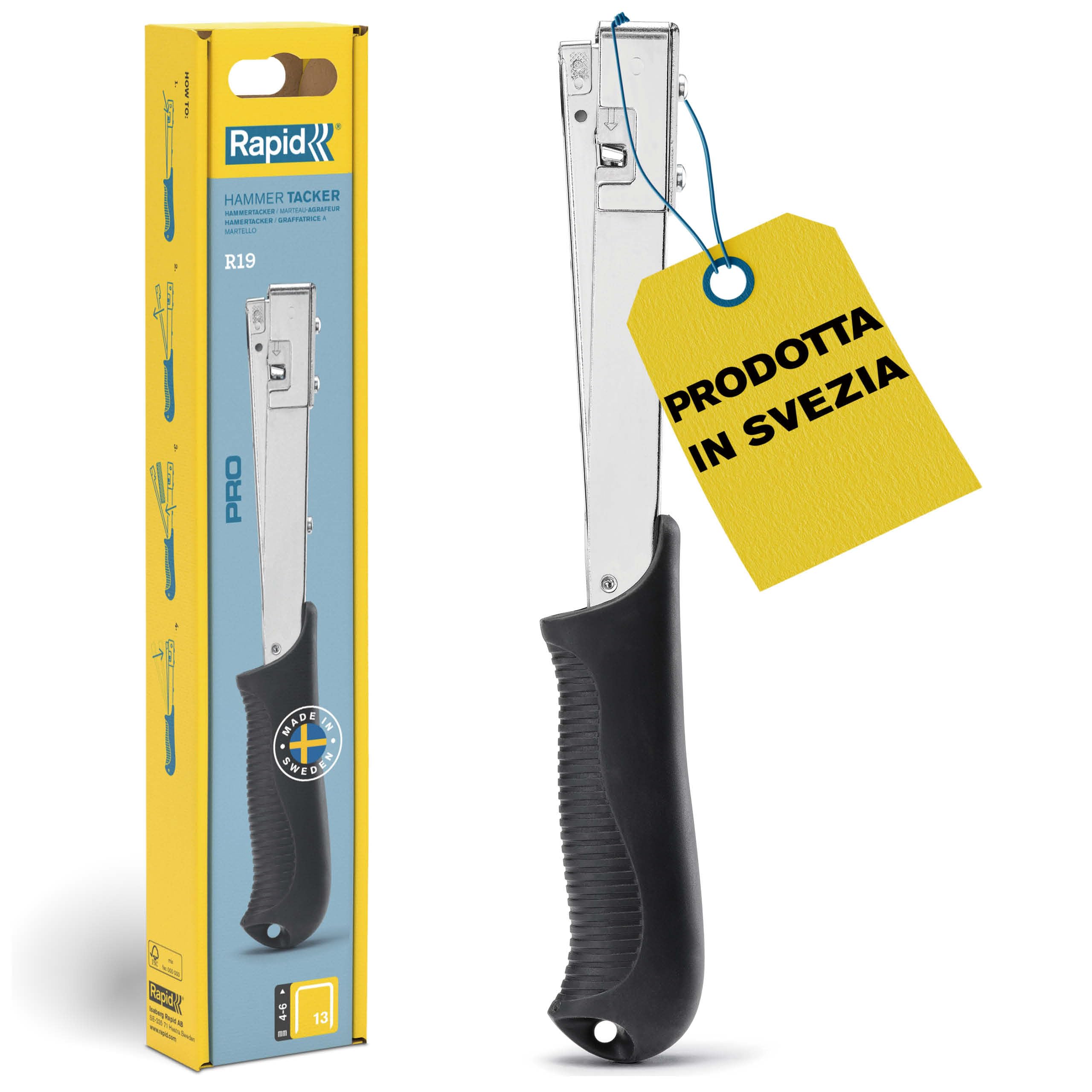 Rapid Pro R19E Graffatrice a Martello in Acciaio per Fissare Etichette, Poster e Tessuti al Legno, Contiene fino a 156 Graffette a Filo Fine n. 13 da 4-​6 mm, Scatola Appendibile (5001693)