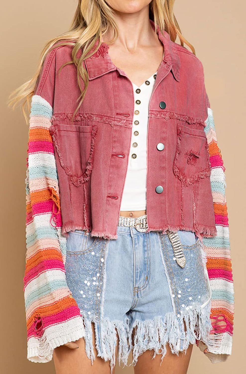loveimgs Women's Distressed Trendy Contrast Color Sweater Sleeve Crop Denim Jacket Tops