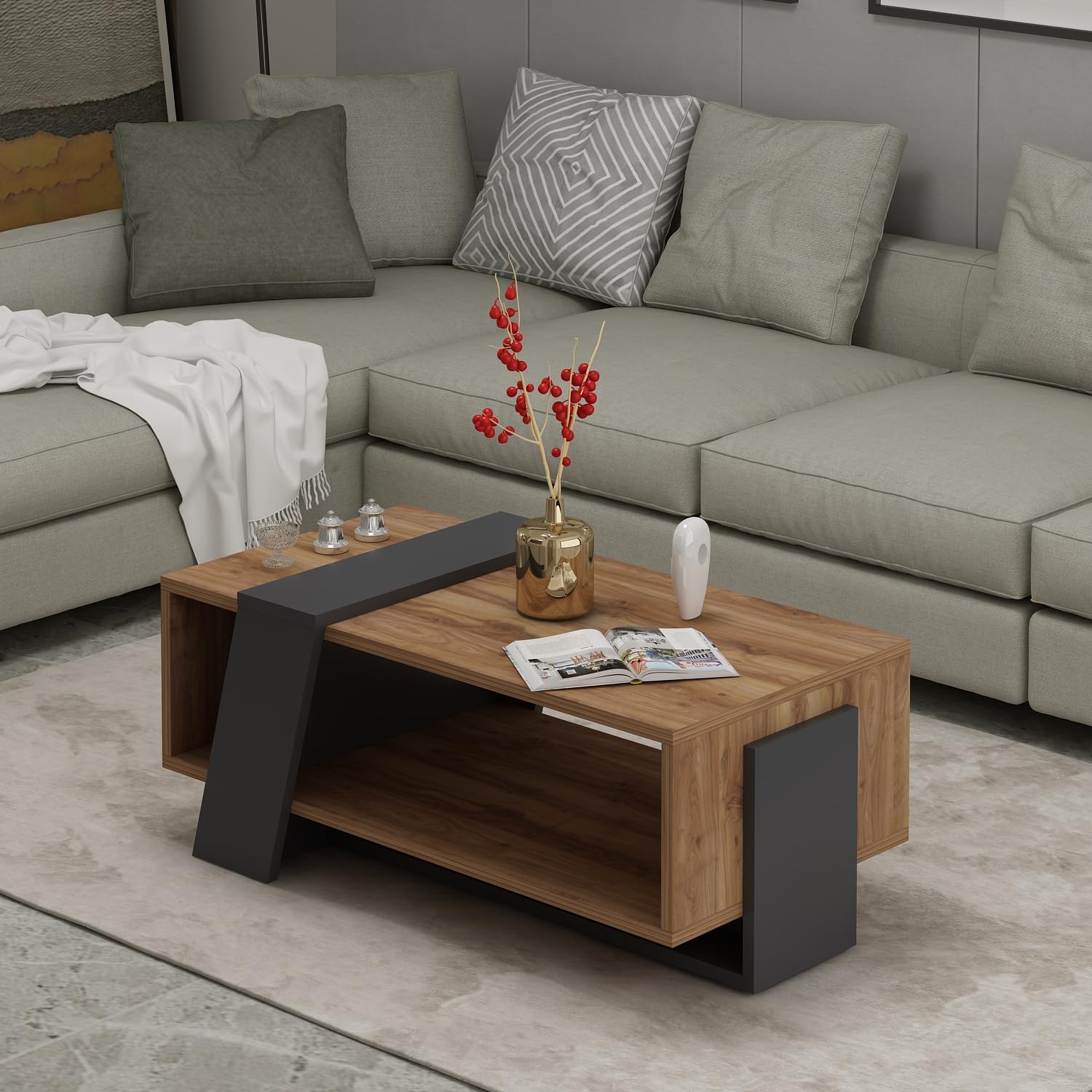 HOMIDEA MELISA Tavolino basso da salotto - Tavolino da divano - Tavolino da Caffè moderno in un design alla moda con mensola 91.8 x 48.8 x 35cm (Briarsmoke)