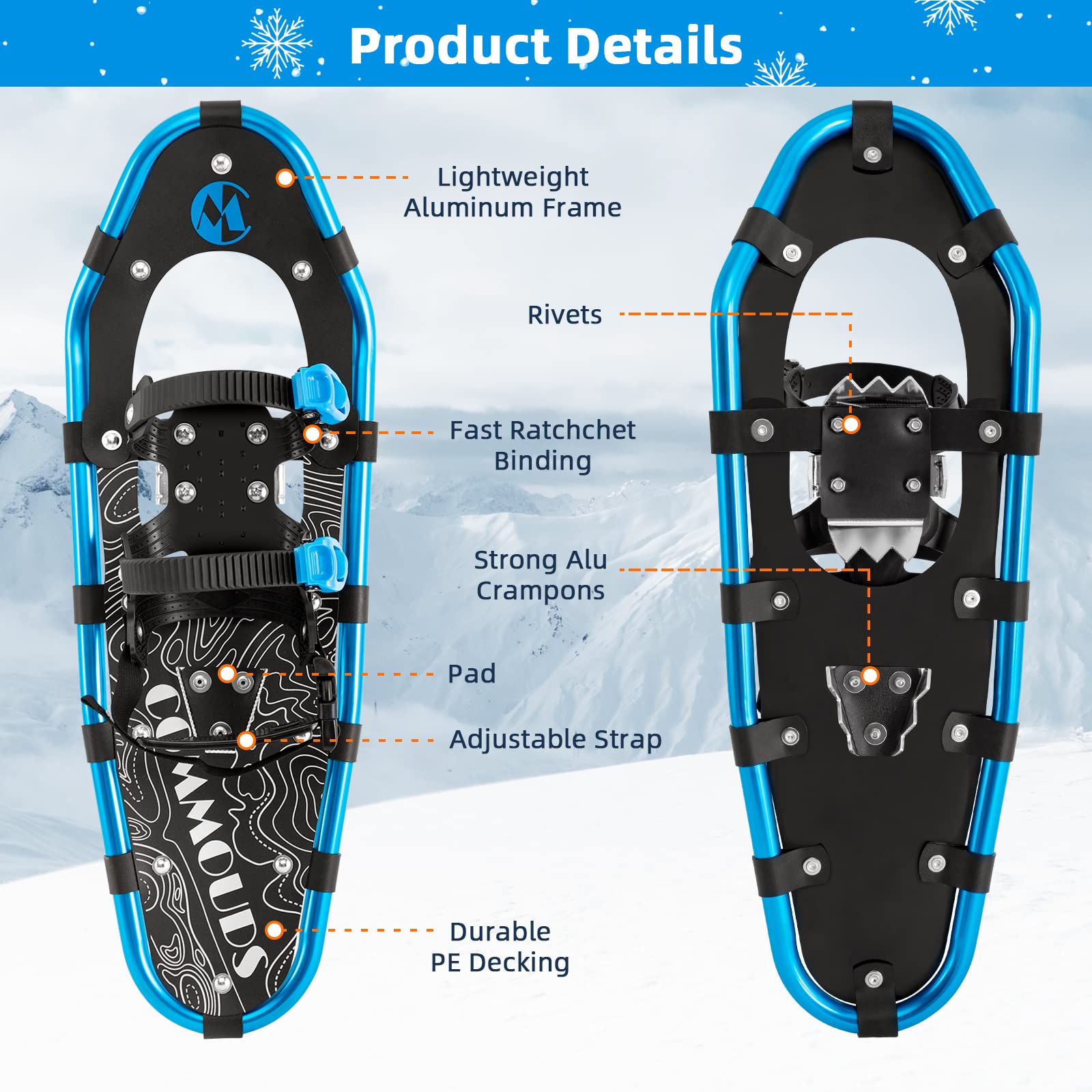 COMMOUDS Lightweight Snow Shoes for Men Women Youth Kids, Fully Adjustable Bindings, 14/21/25/30 Inches Aluminum Alloy Terrain Snowshoes with Trekking Poles and Carrying Bag
