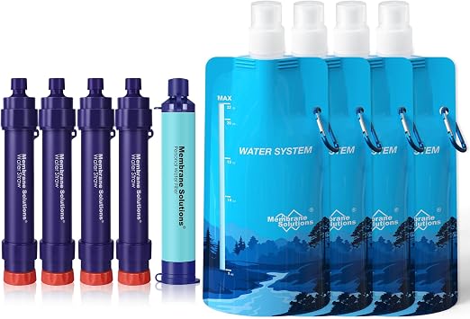 Membrane Solutions S2 Detachable Water Filter Straw Pack of 4 with 23oz Collapsible Squeezable Water Filtration System