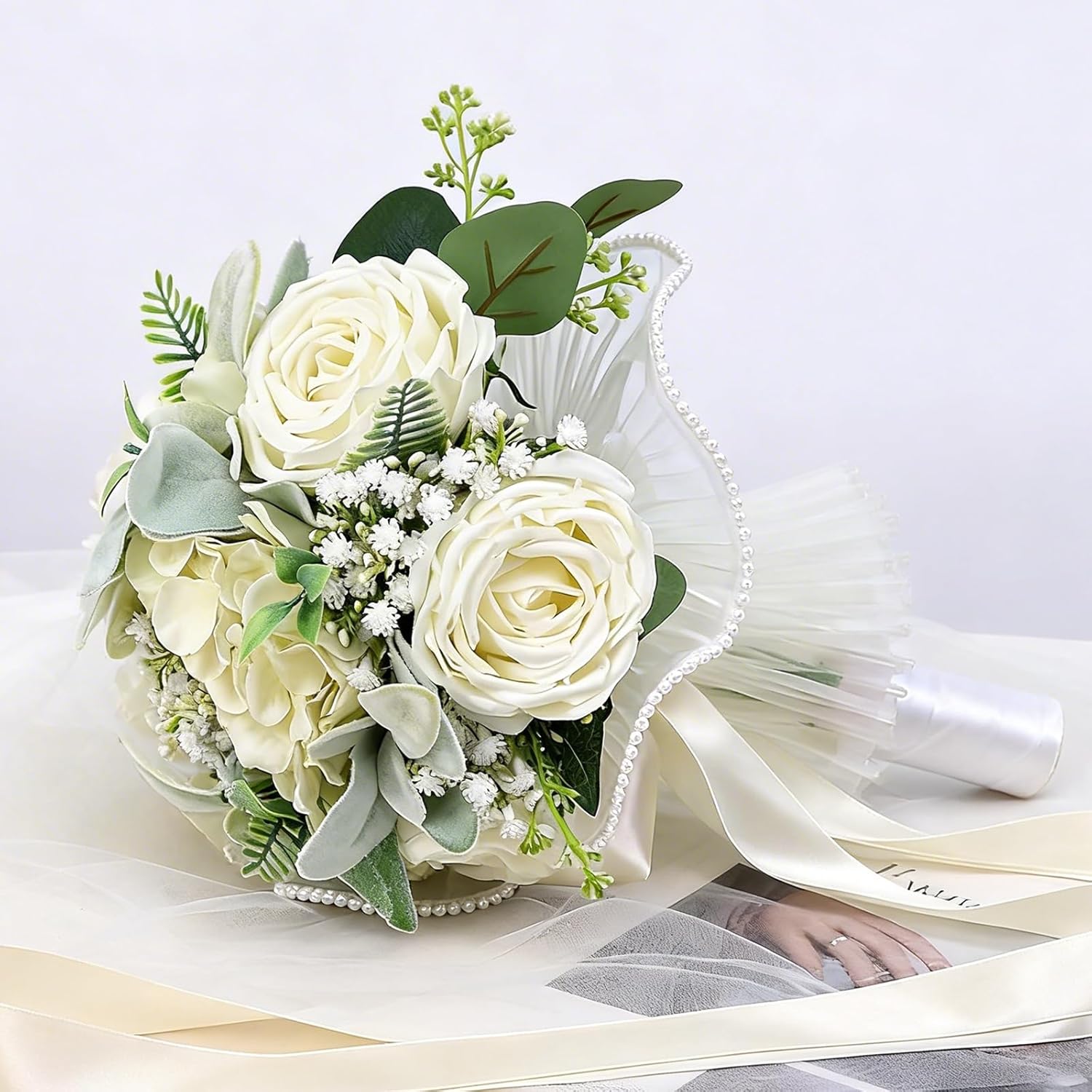 16 Ivory White Artificial Roses Wedding Bouquet for Bride, Handmade with Pearl Veil, Baby‘s Breath, Eucalyptus – 9“ Bridal Bouquet for Bridesmaid, Valentine’s Day