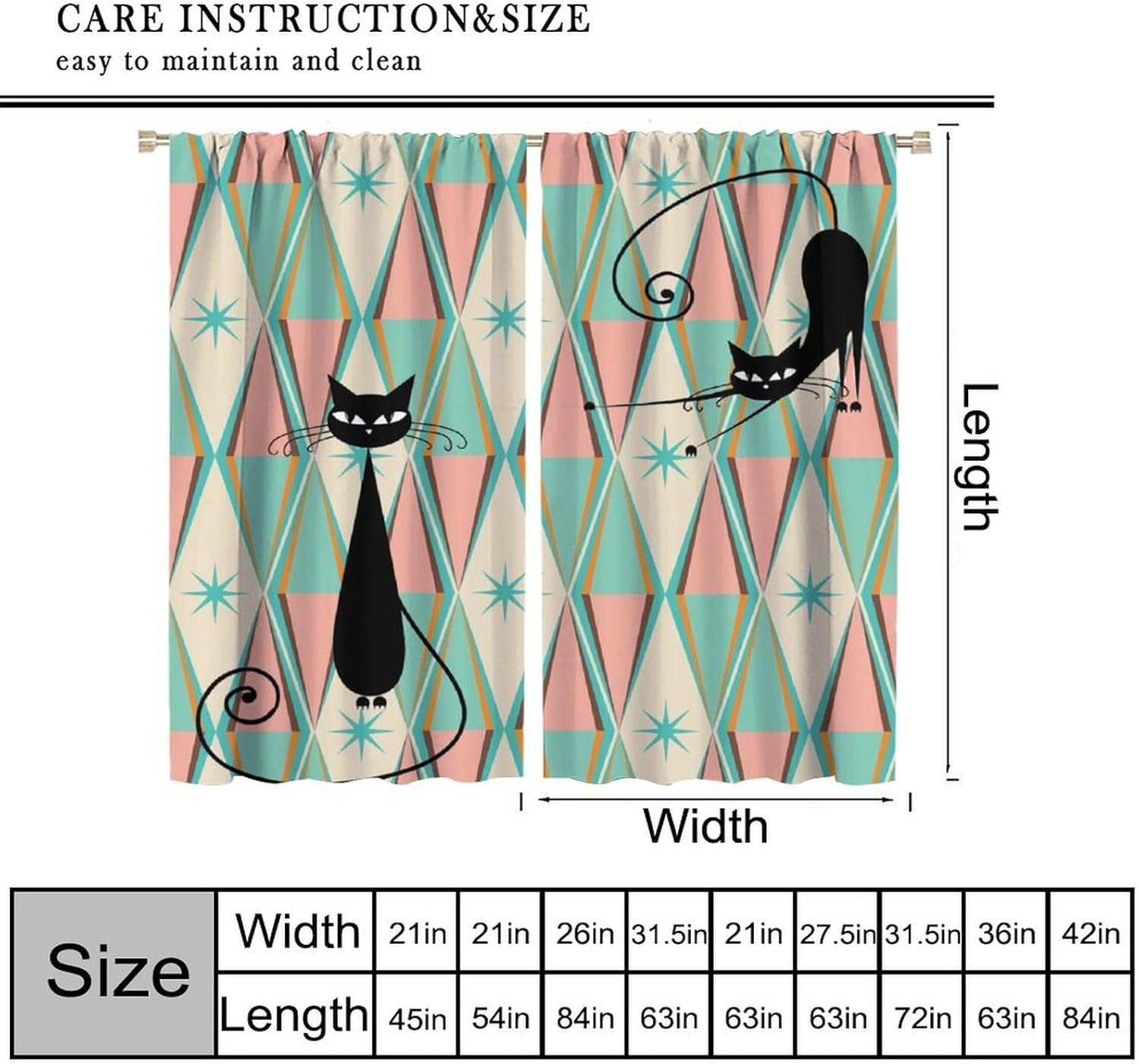 Mid Century Blackout Curtain Abstract Funny Black Cat Modern Diamond Atomic Starbursts Geometric Rod Pocket Window Treatment for Kids Bedroom Kitchen Decor Window Drapes 42" W X 54" L